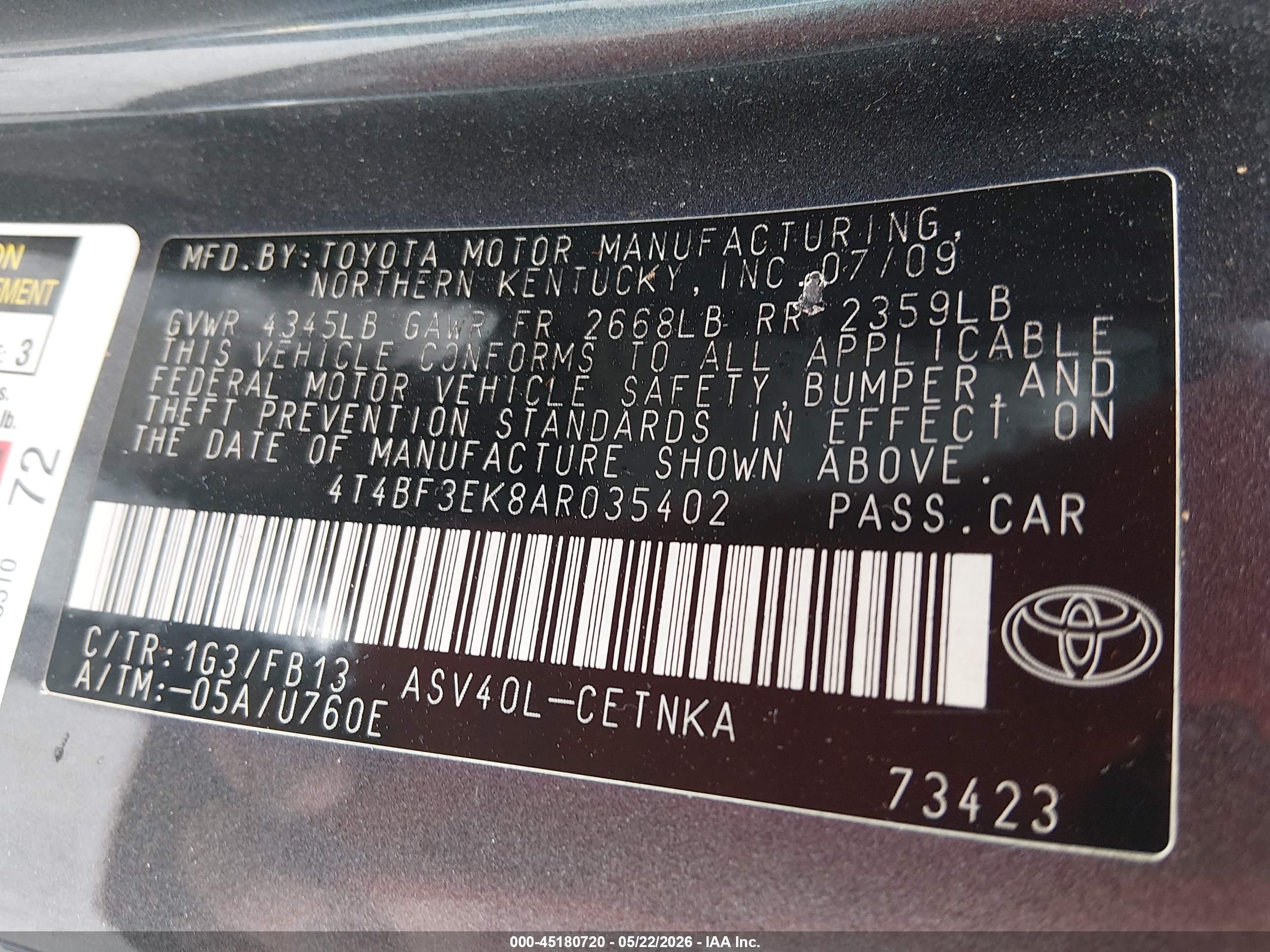 2010 Toyota Camry Le Серый vin: 4T4BF3EK8AR035402