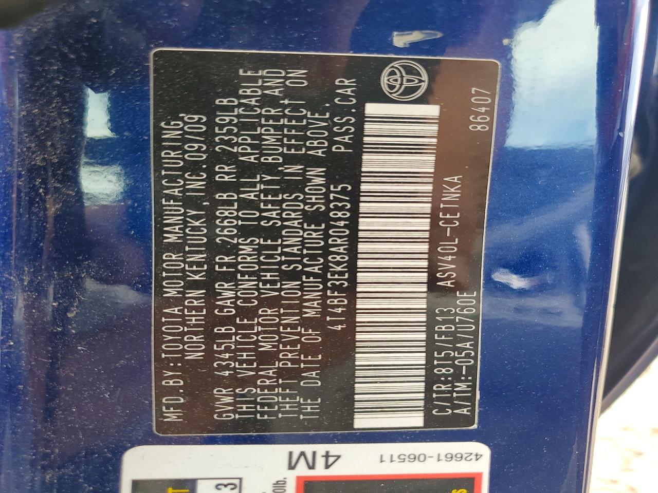 2010 Toyota Camry Le Blue vin: 4T4BF3EK8AR048375