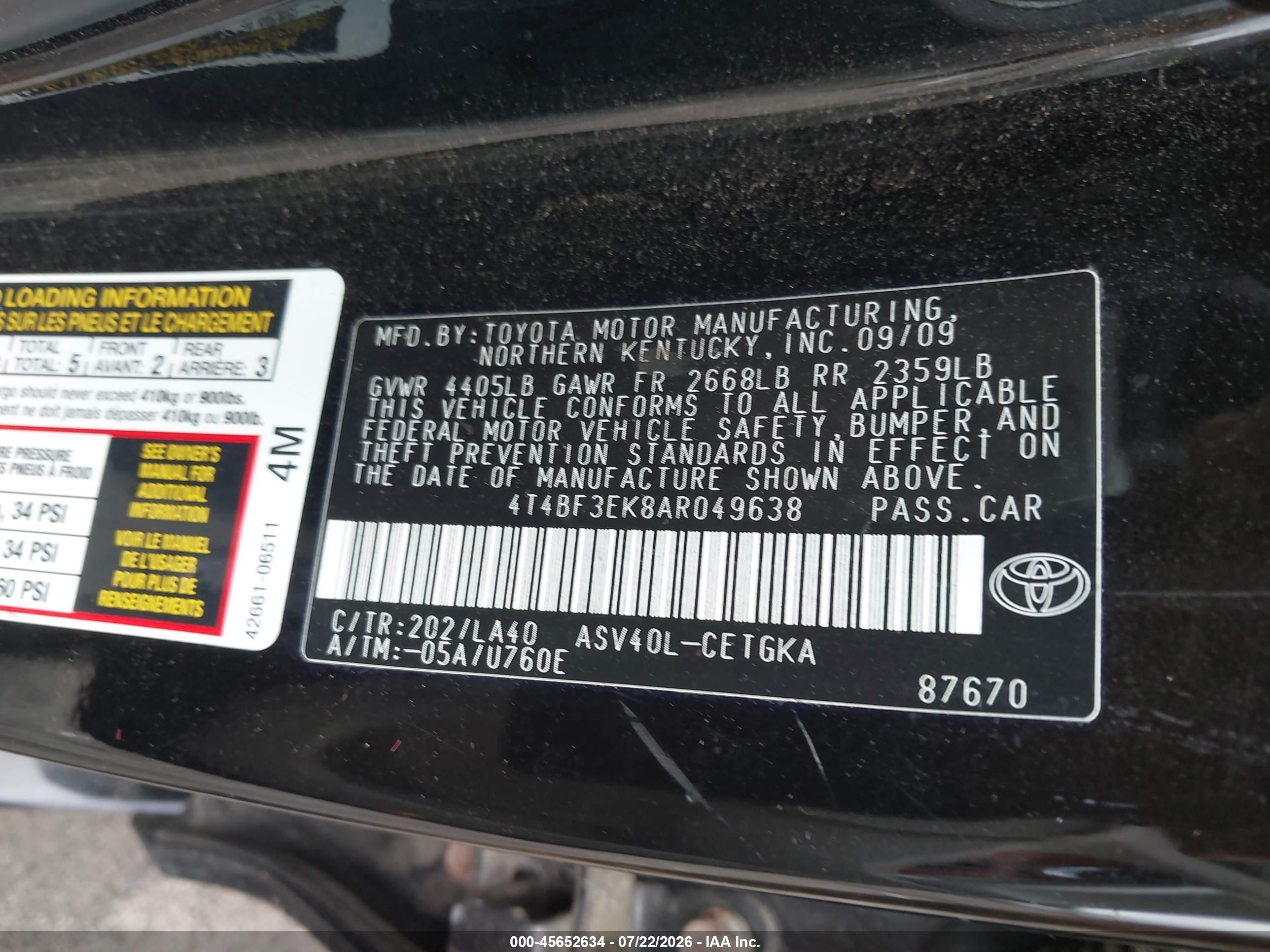 2010 Toyota Camry Xle Black vin: 4T4BF3EK8AR049638