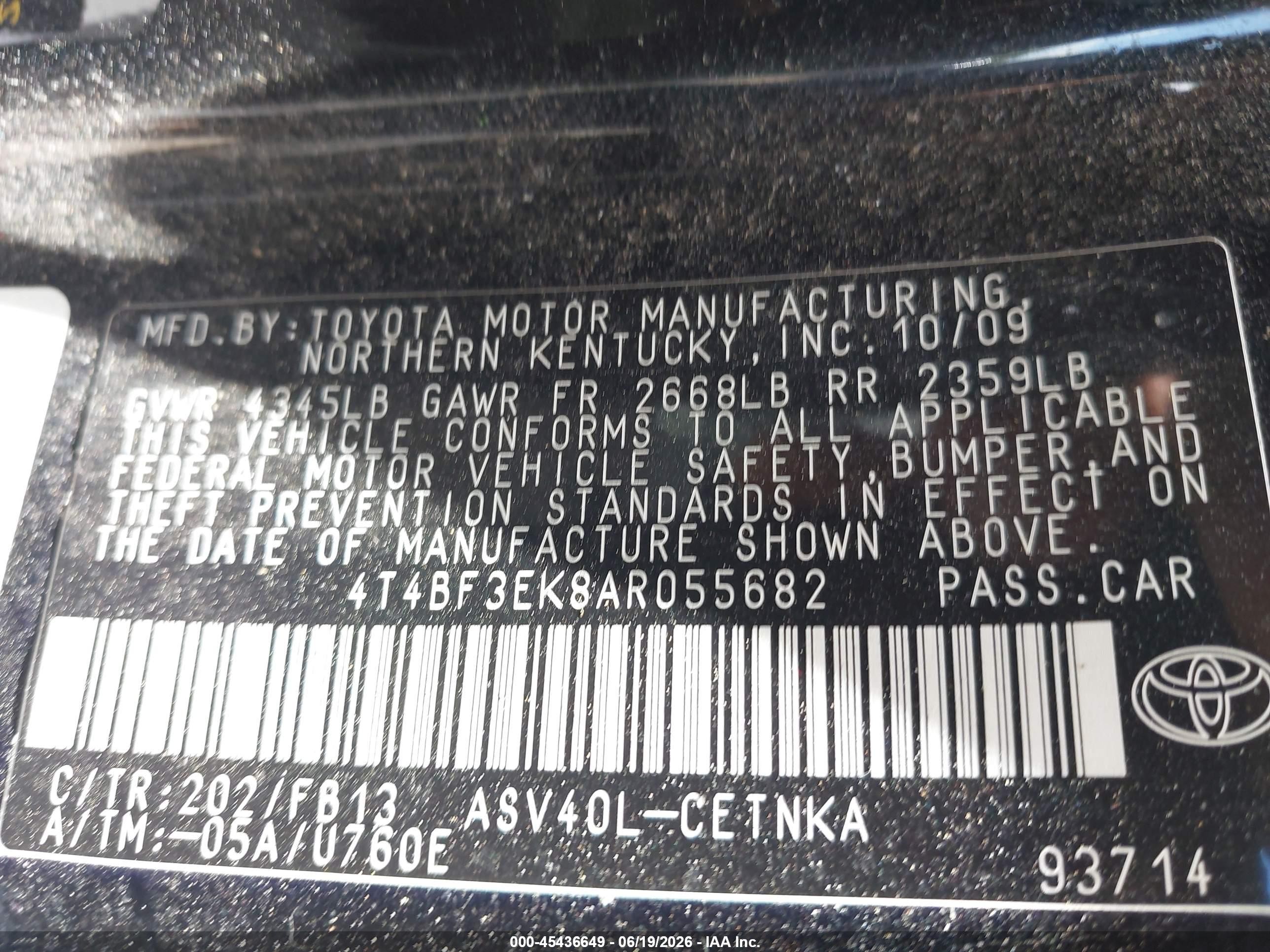 2010 Toyota Camry Le Black vin: 4T4BF3EK8AR055682