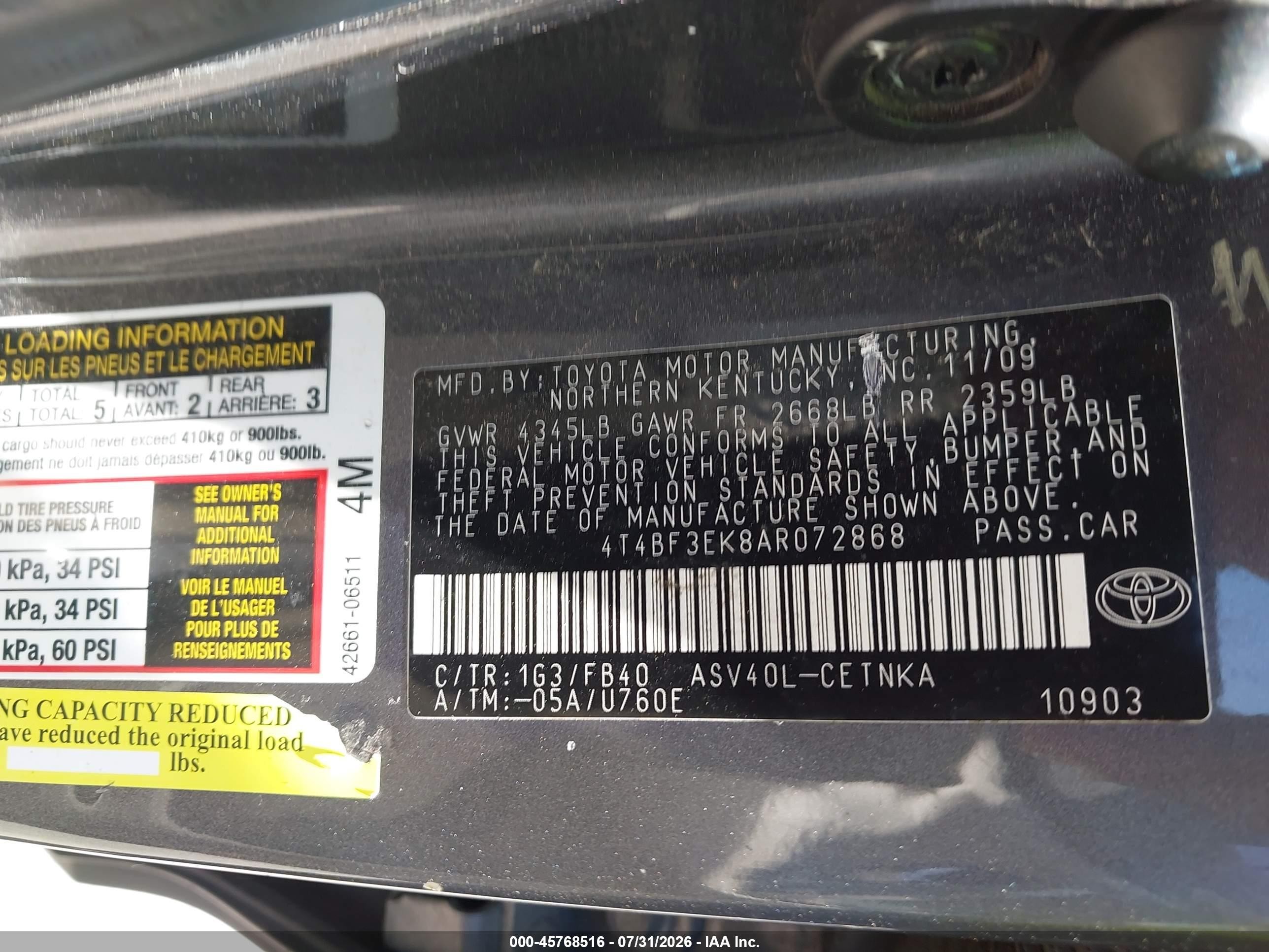 2010 Toyota Camry Le Серый vin: 4T4BF3EK8AR072868
