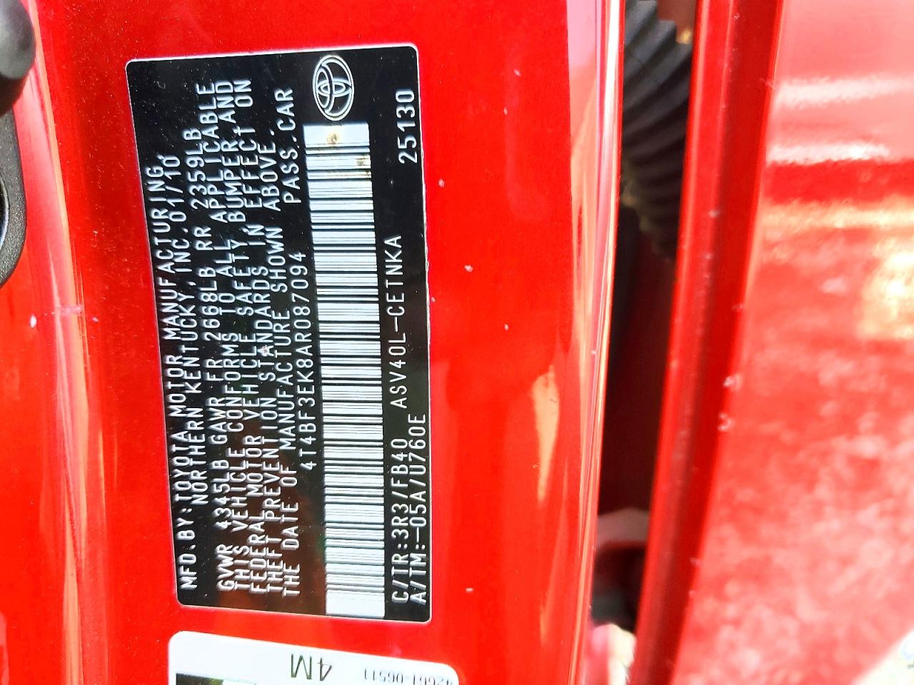 2010 Toyota Camry Le Red vin: 4T4BF3EK8AR087094