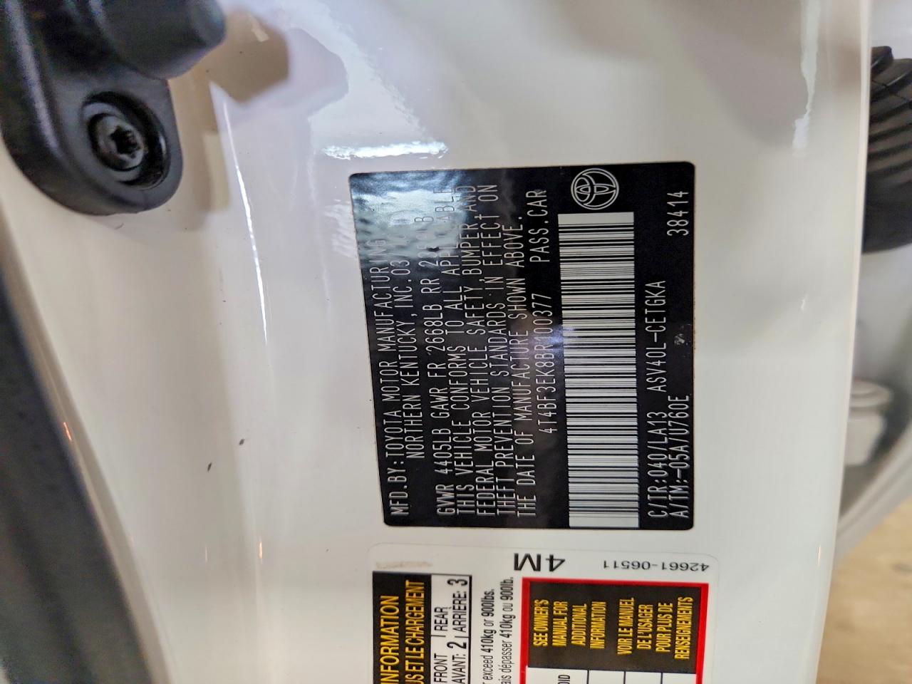 2011 Toyota Camry Xle Белый vin: 4T4BF3EK8BR100377