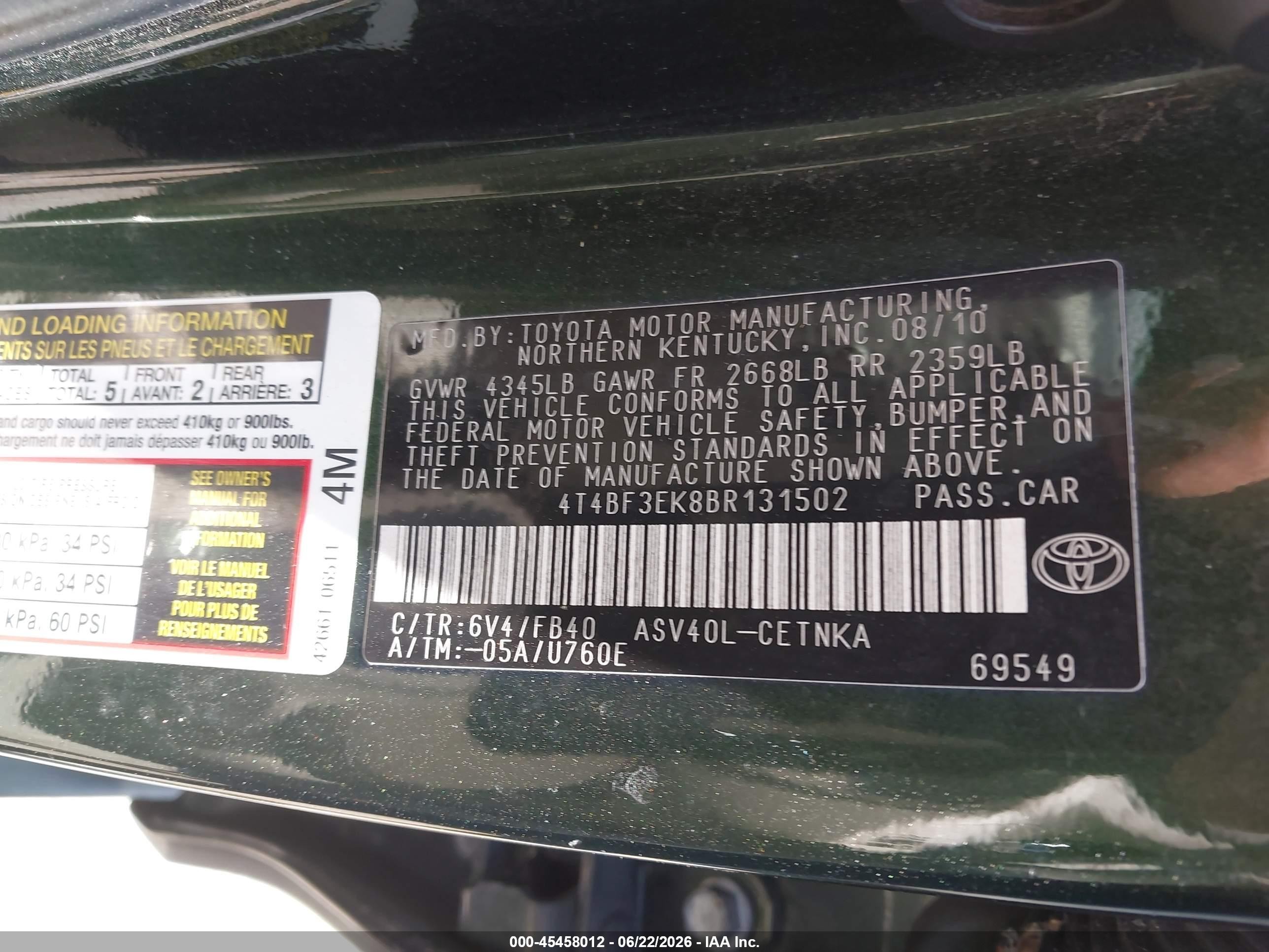 2011 Toyota Camry Le Green vin: 4T4BF3EK8BR131502