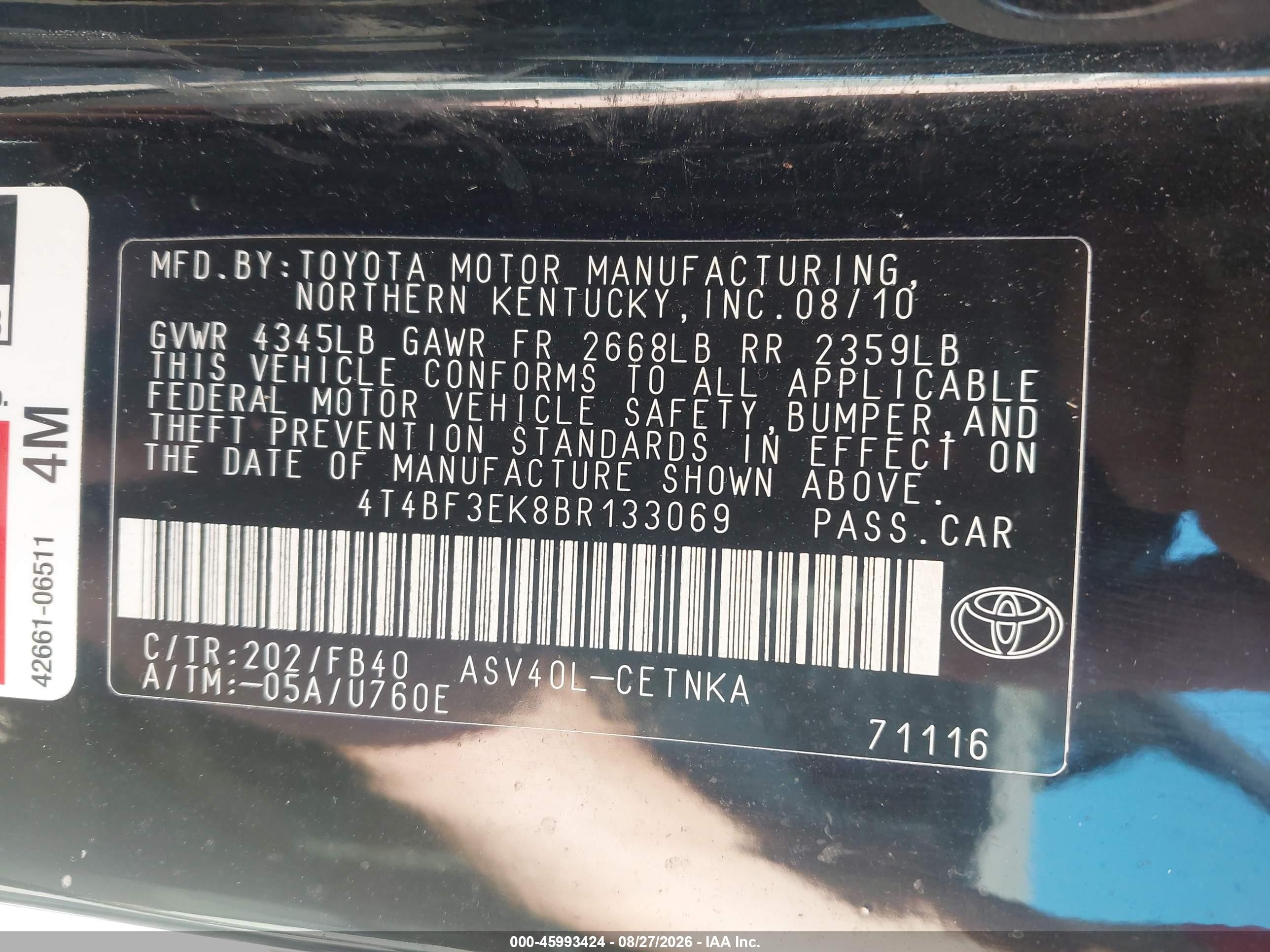 2011 Toyota Camry Le Black vin: 4T4BF3EK8BR133069