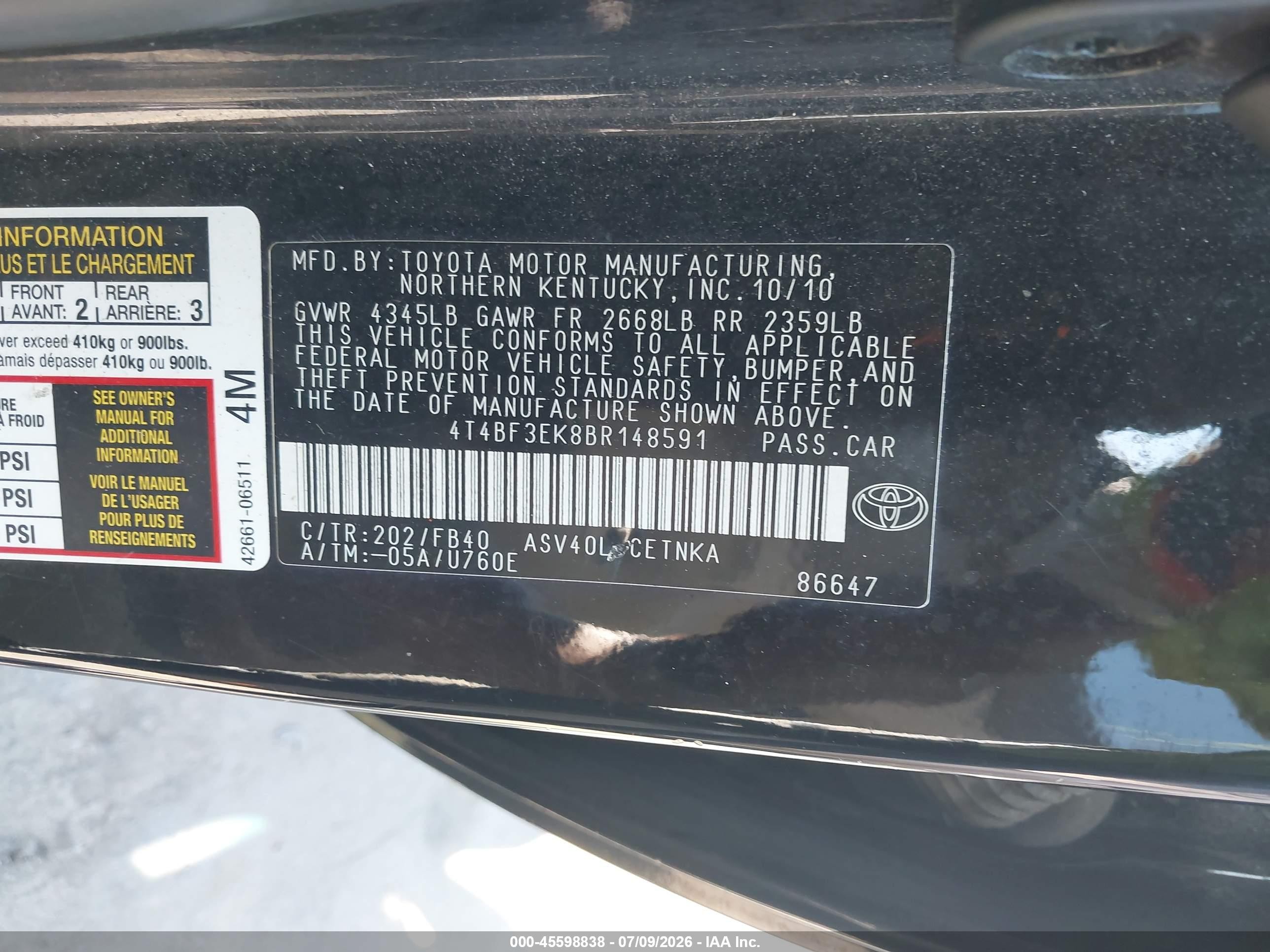 2011 Toyota Camry Le Black vin: 4T4BF3EK8BR148591