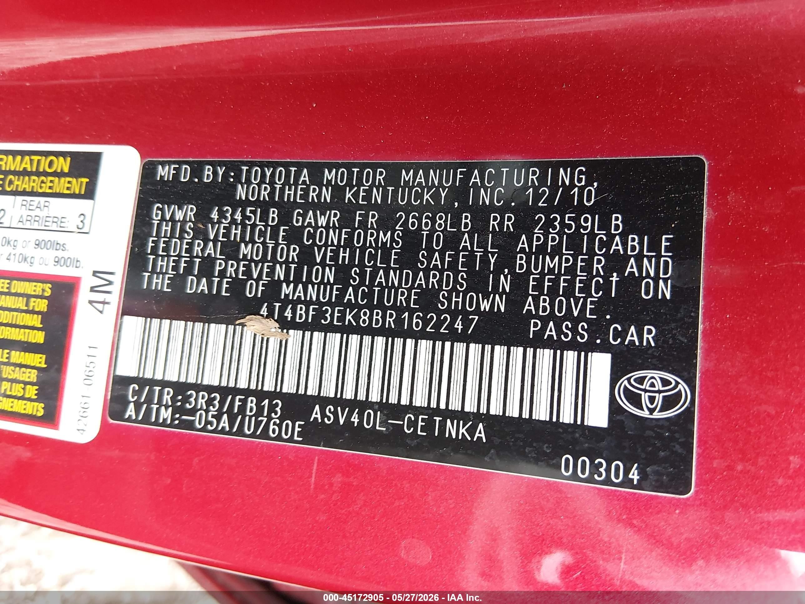 2011 Toyota Camry Le Red vin: 4T4BF3EK8BR162247