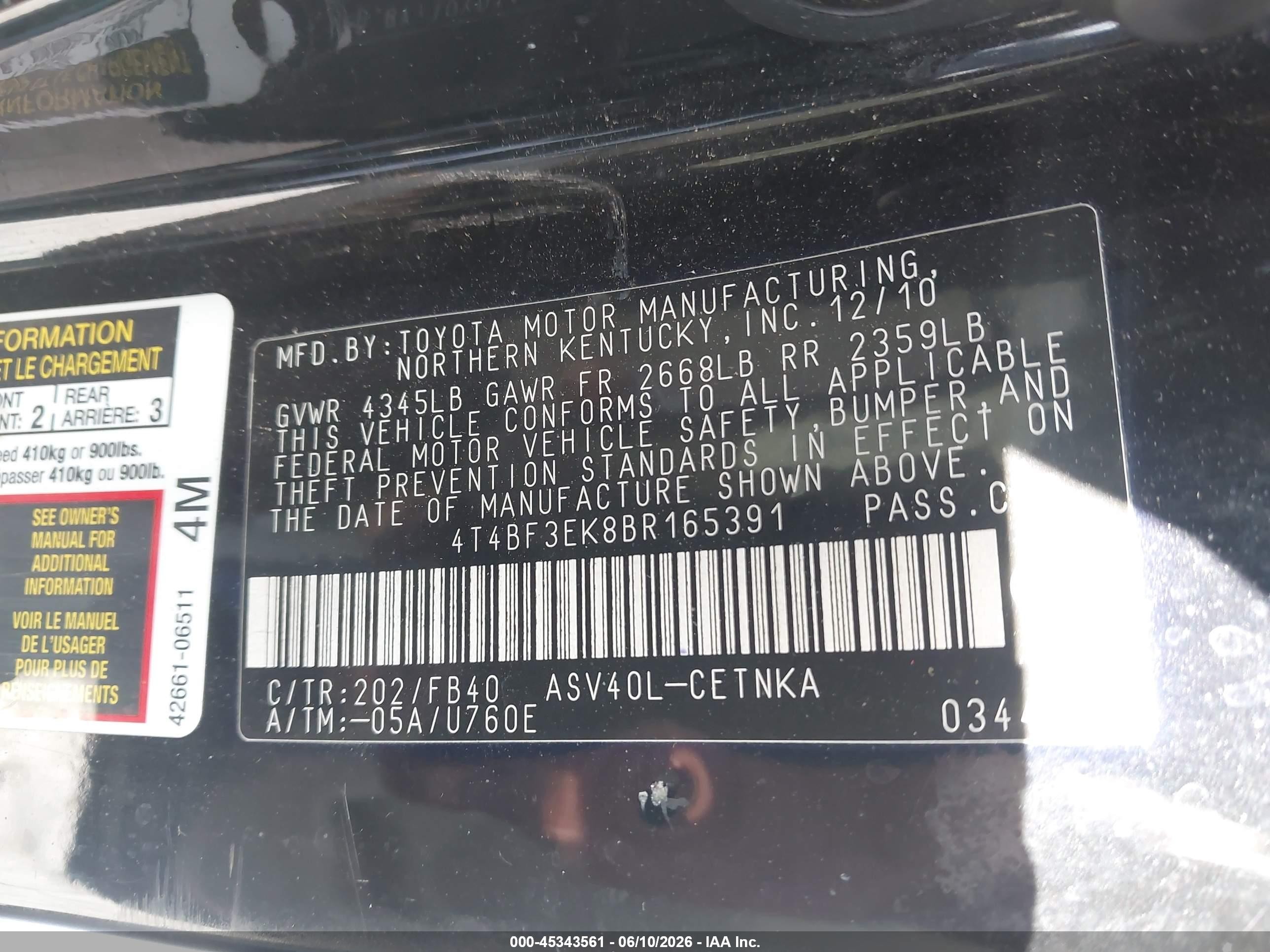 2011 Toyota Camry Le Черный vin: 4T4BF3EK8BR165391