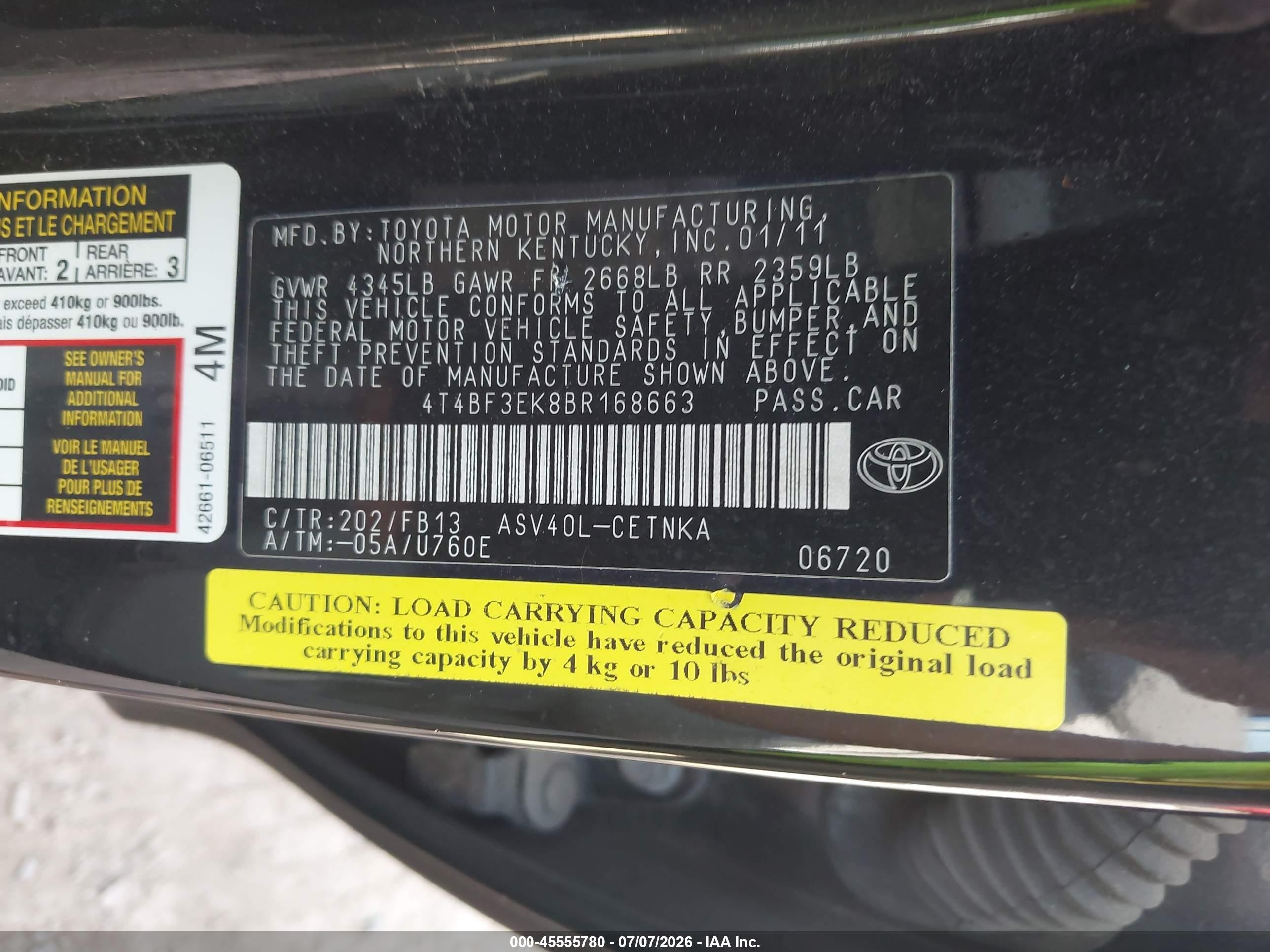 2011 Toyota Camry Le Black vin: 4T4BF3EK8BR168663