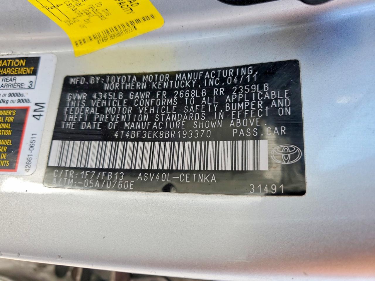 2011 Toyota Camry Le Silver vin: 4T4BF3EK8BR193370