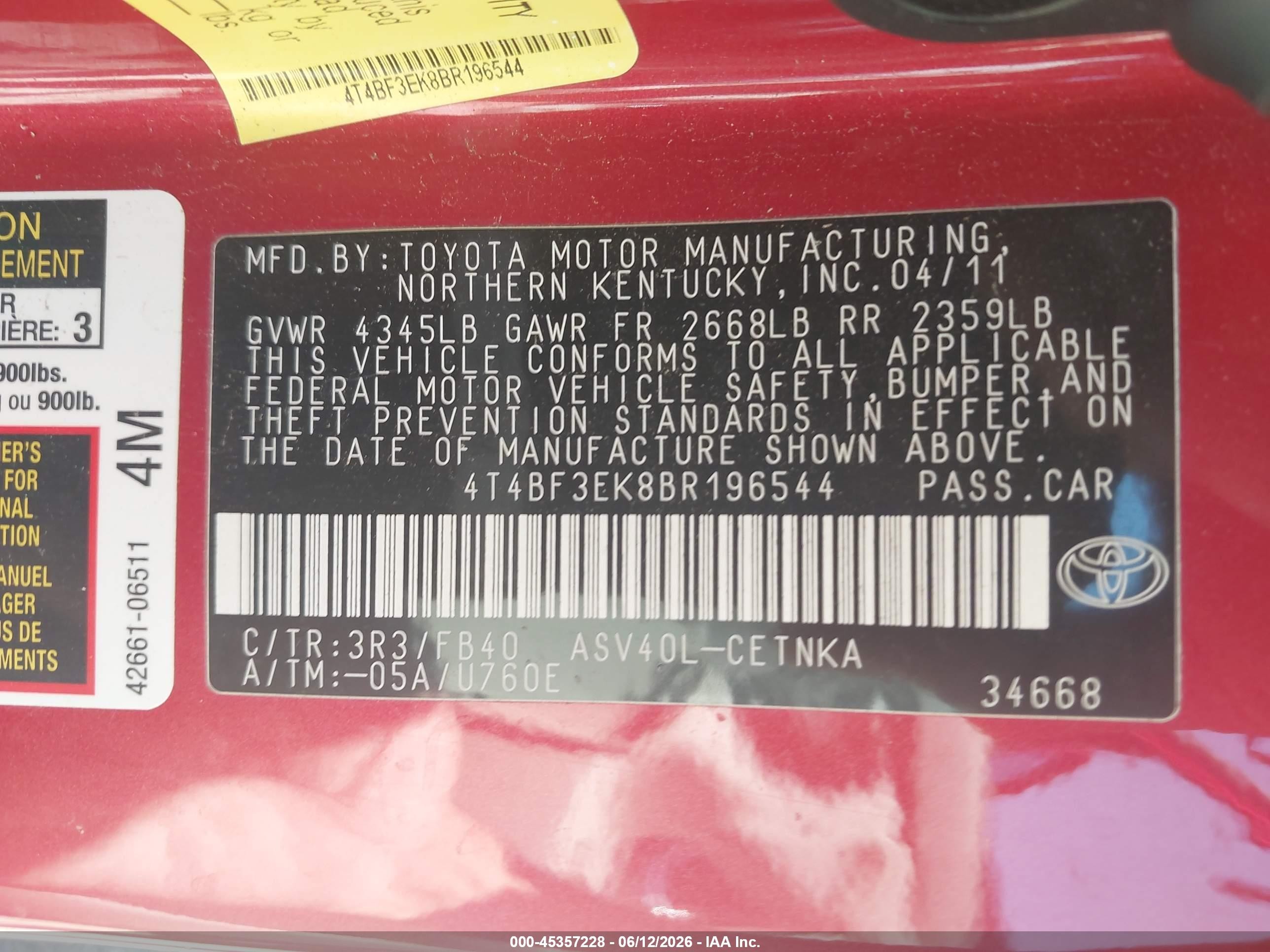 2011 Toyota Camry Le Red vin: 4T4BF3EK8BR196544
