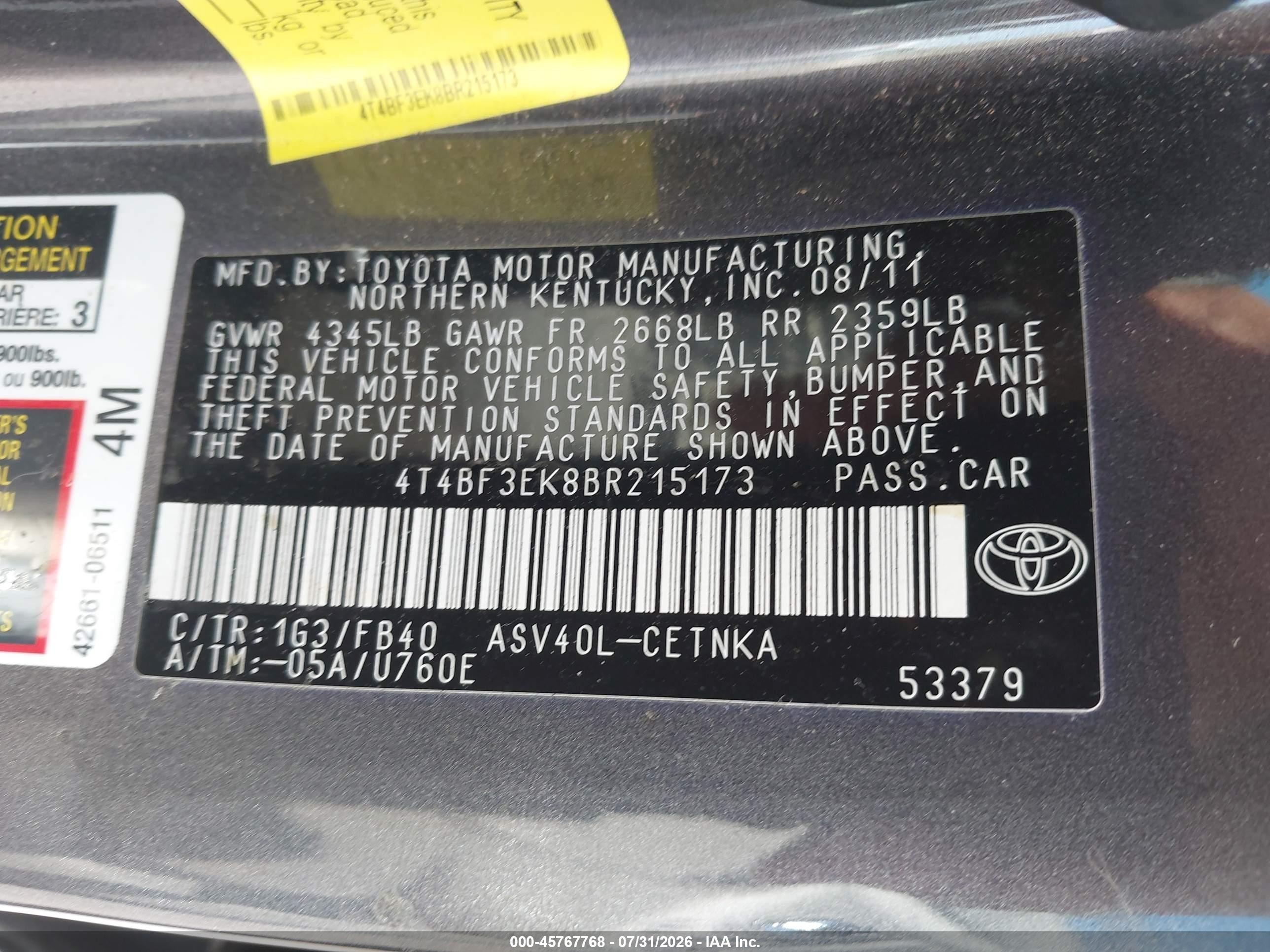 2011 Toyota Camry Le Gray vin: 4T4BF3EK8BR215173