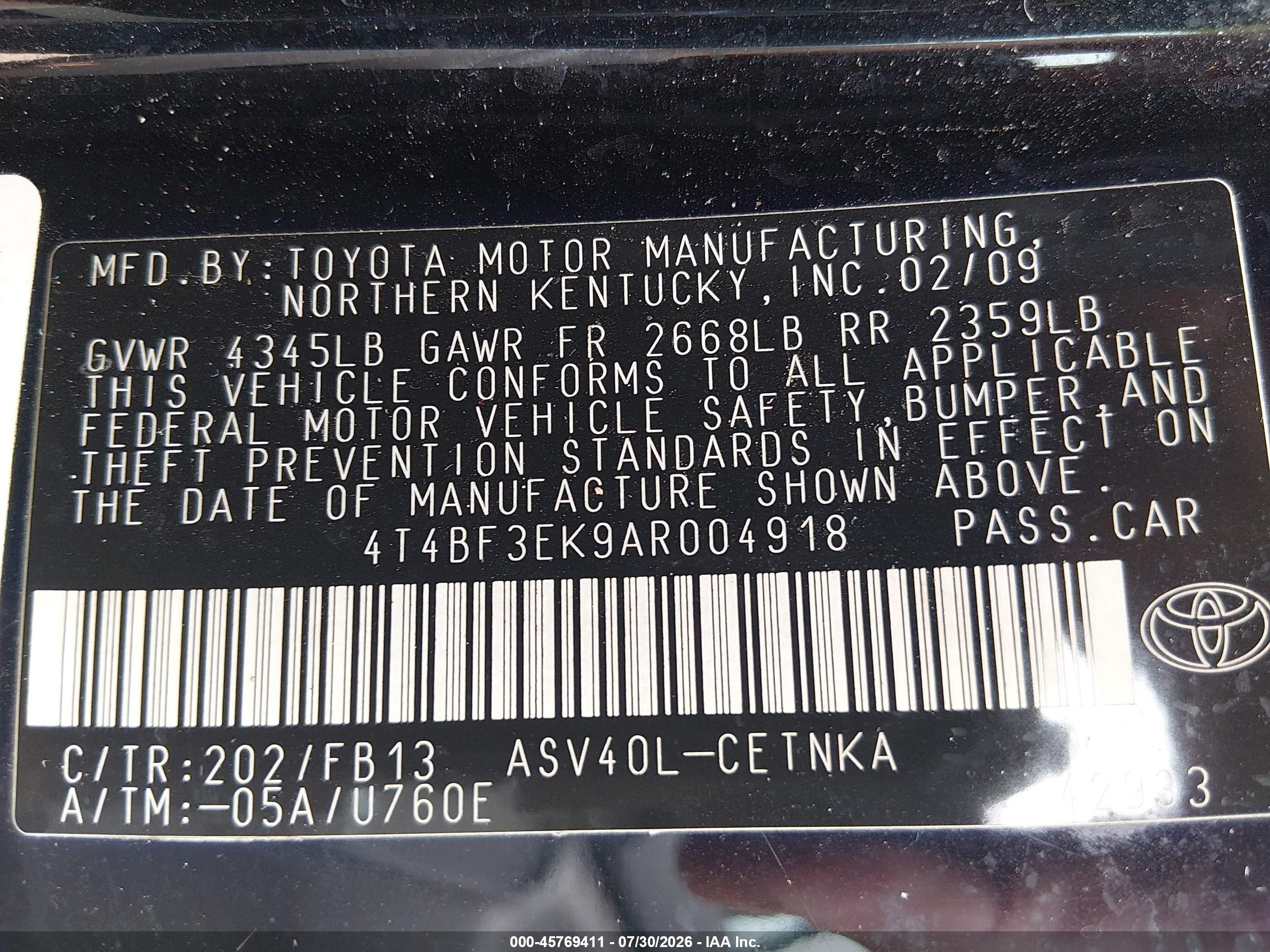 2010 Toyota Camry Le Black vin: 4T4BF3EK9AR004918