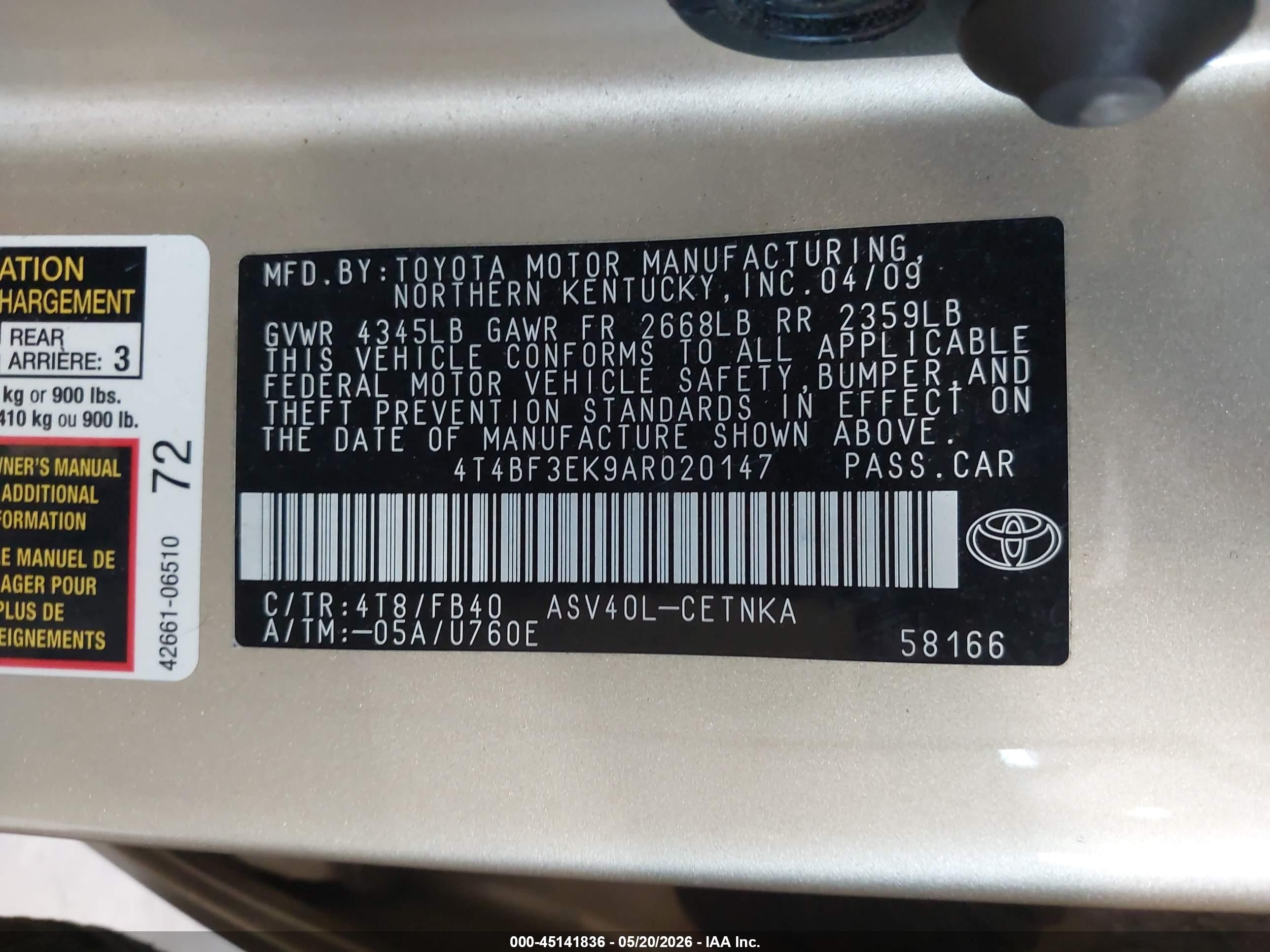 2010 Toyota Camry Le Gold vin: 4T4BF3EK9AR020147