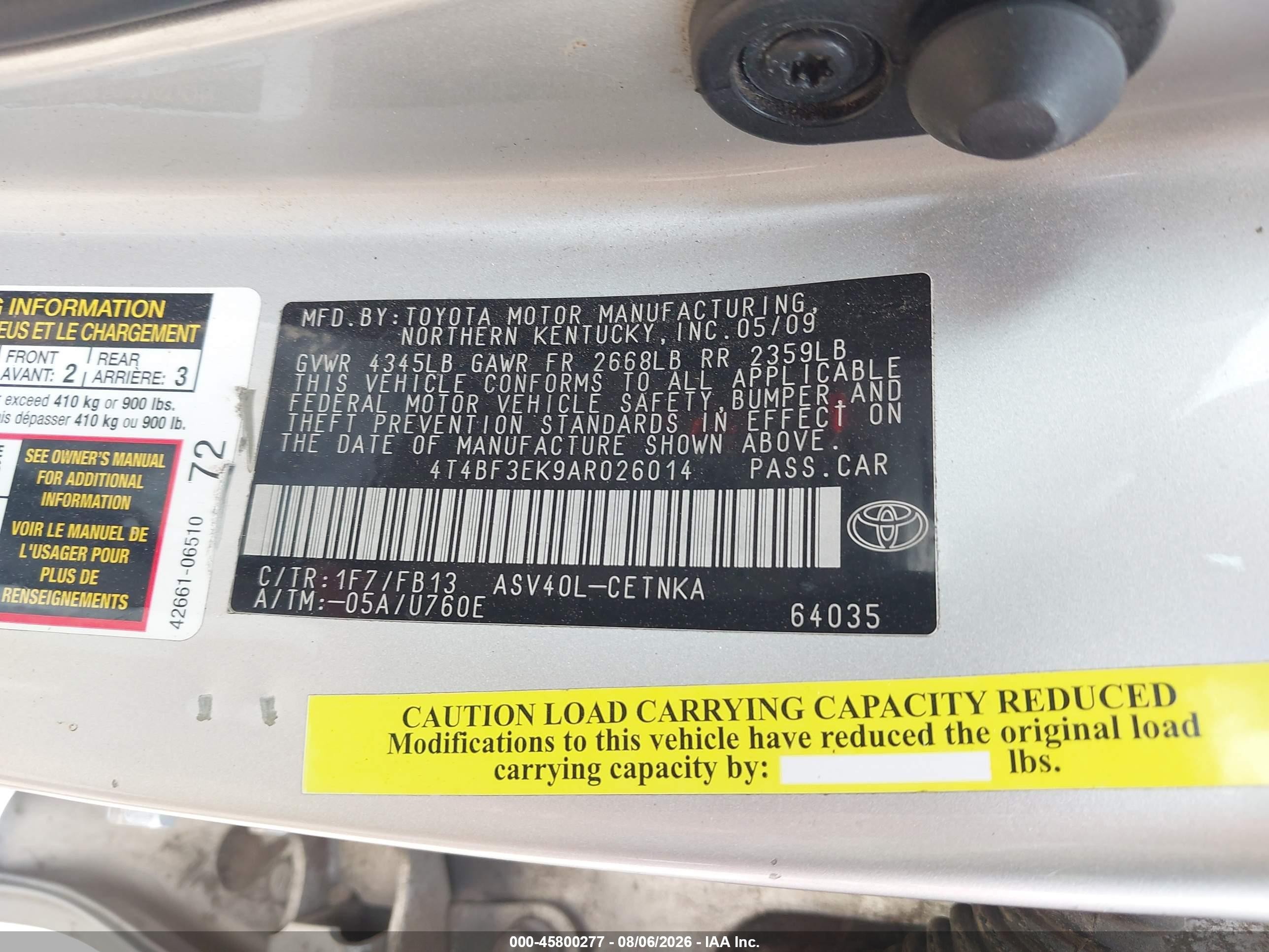2010 Toyota Camry Le Серебряный vin: 4T4BF3EK9AR026014