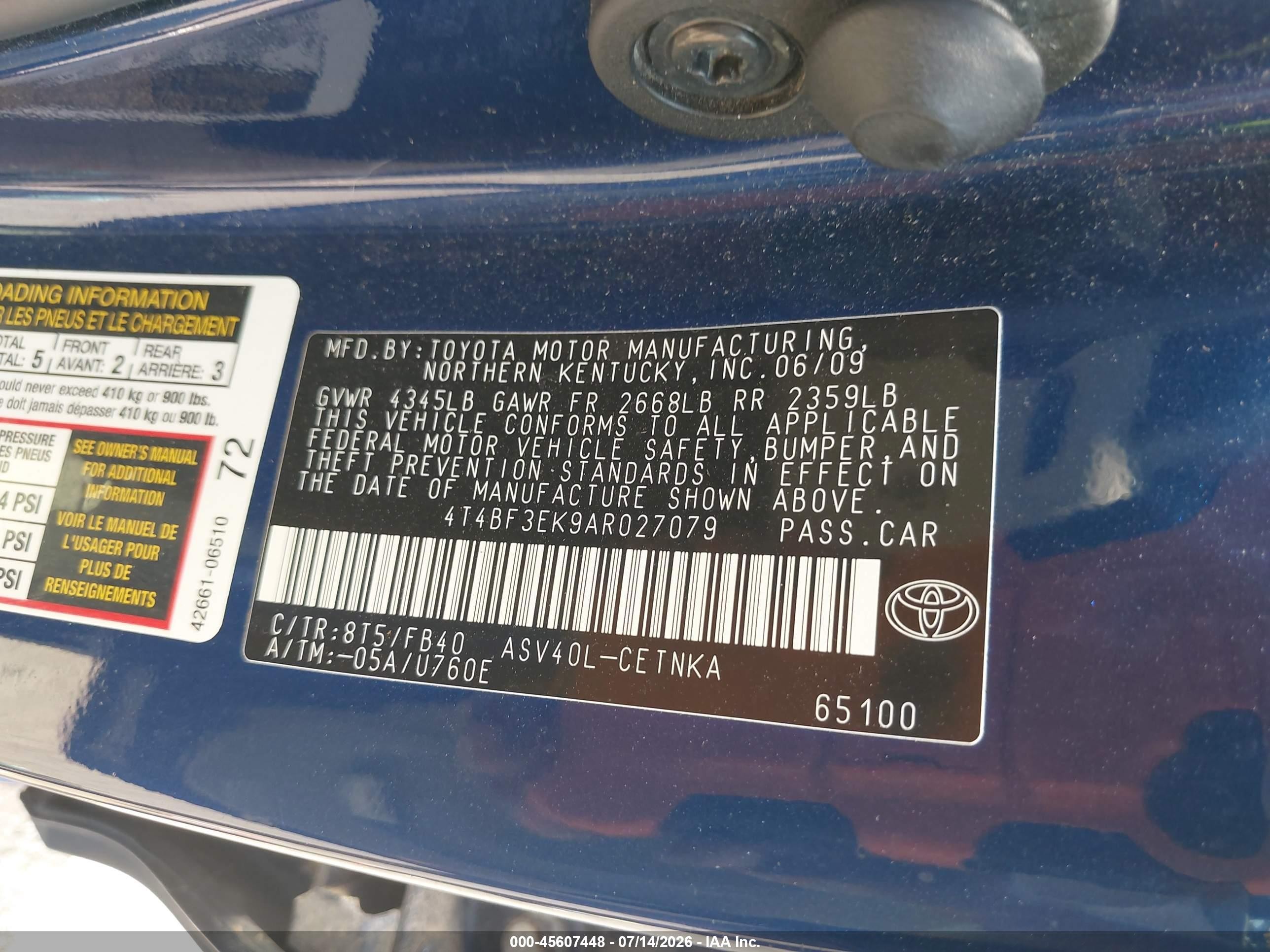 2010 Toyota Camry Le Blue vin: 4T4BF3EK9AR027079