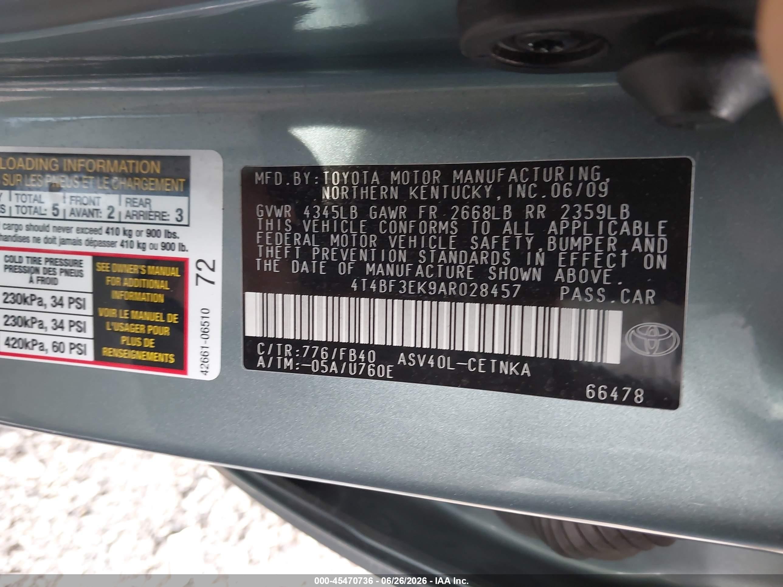 2010 Toyota Camry Le Blue vin: 4T4BF3EK9AR028457