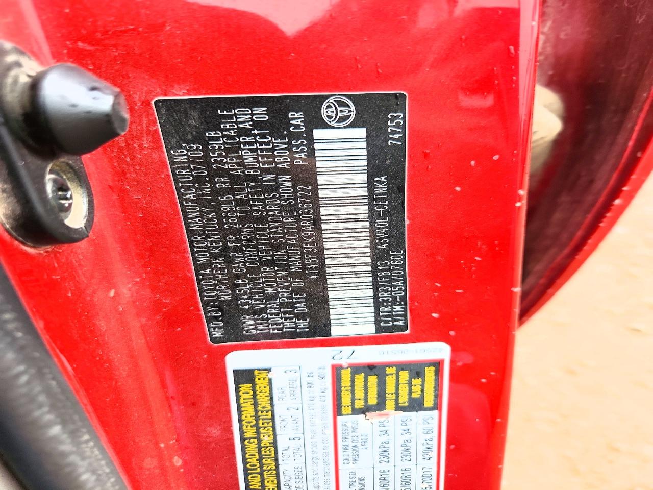 2010 Toyota Camry Le Red vin: 4T4BF3EK9AR036722