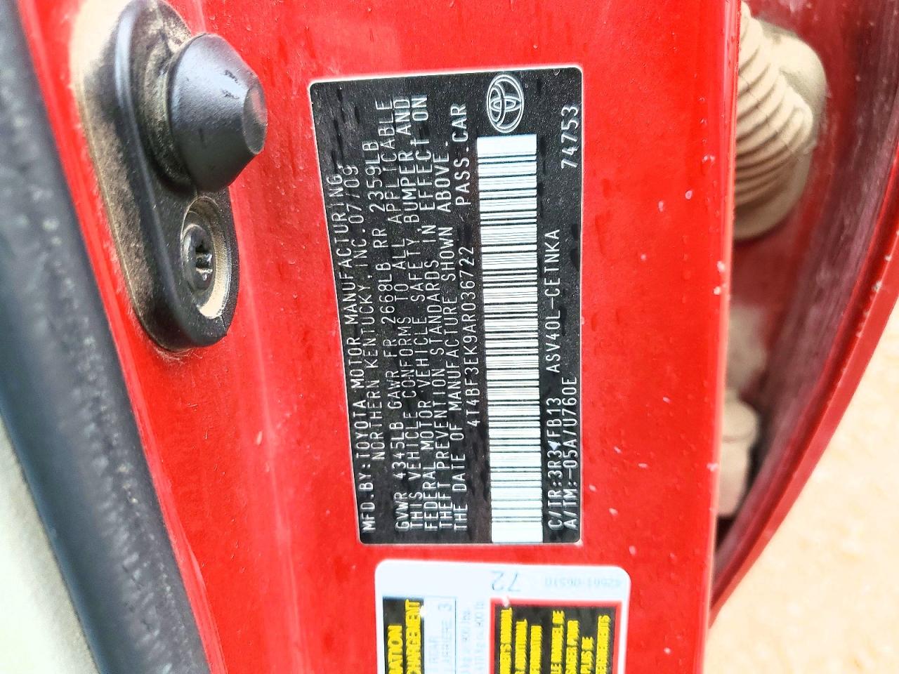 2010 Toyota Camry Le Red vin: 4T4BF3EK9AR036722