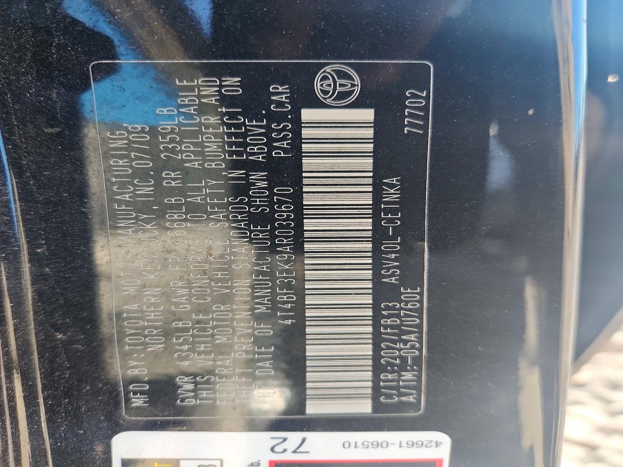2010 Toyota Camry Le Black vin: 4T4BF3EK9AR039670