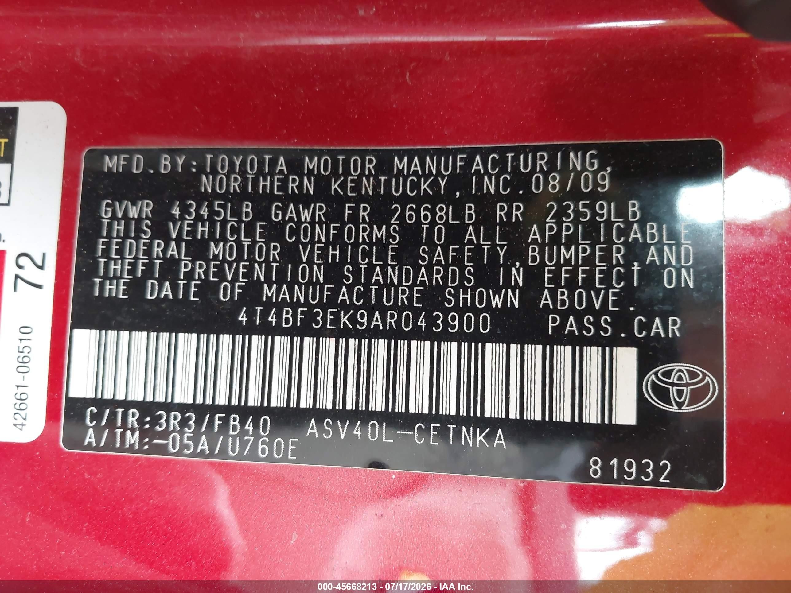 2010 Toyota Camry Le Red vin: 4T4BF3EK9AR043900