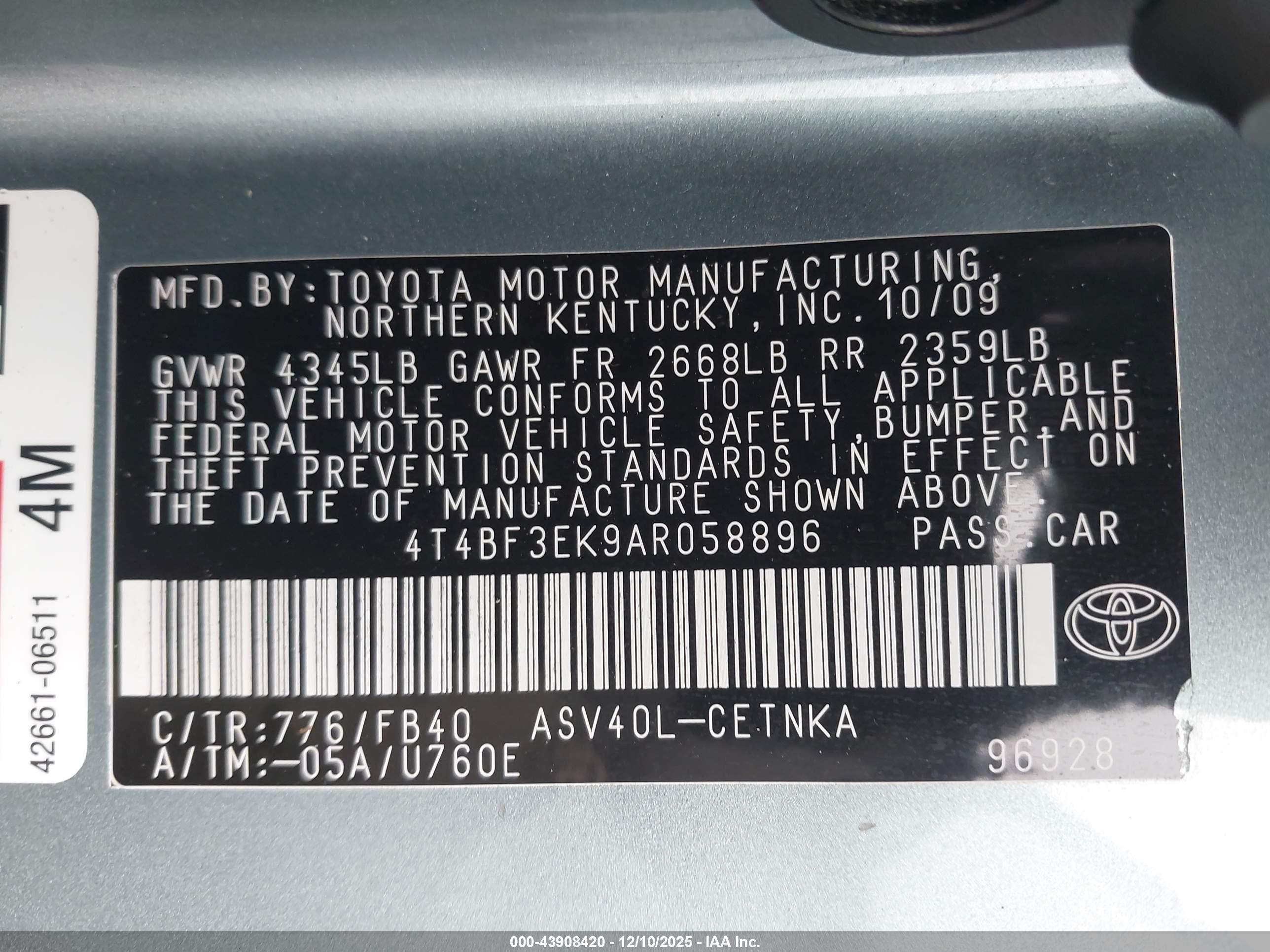 2010 Toyota Camry Le Зеленый vin: 4T4BF3EK9AR058896