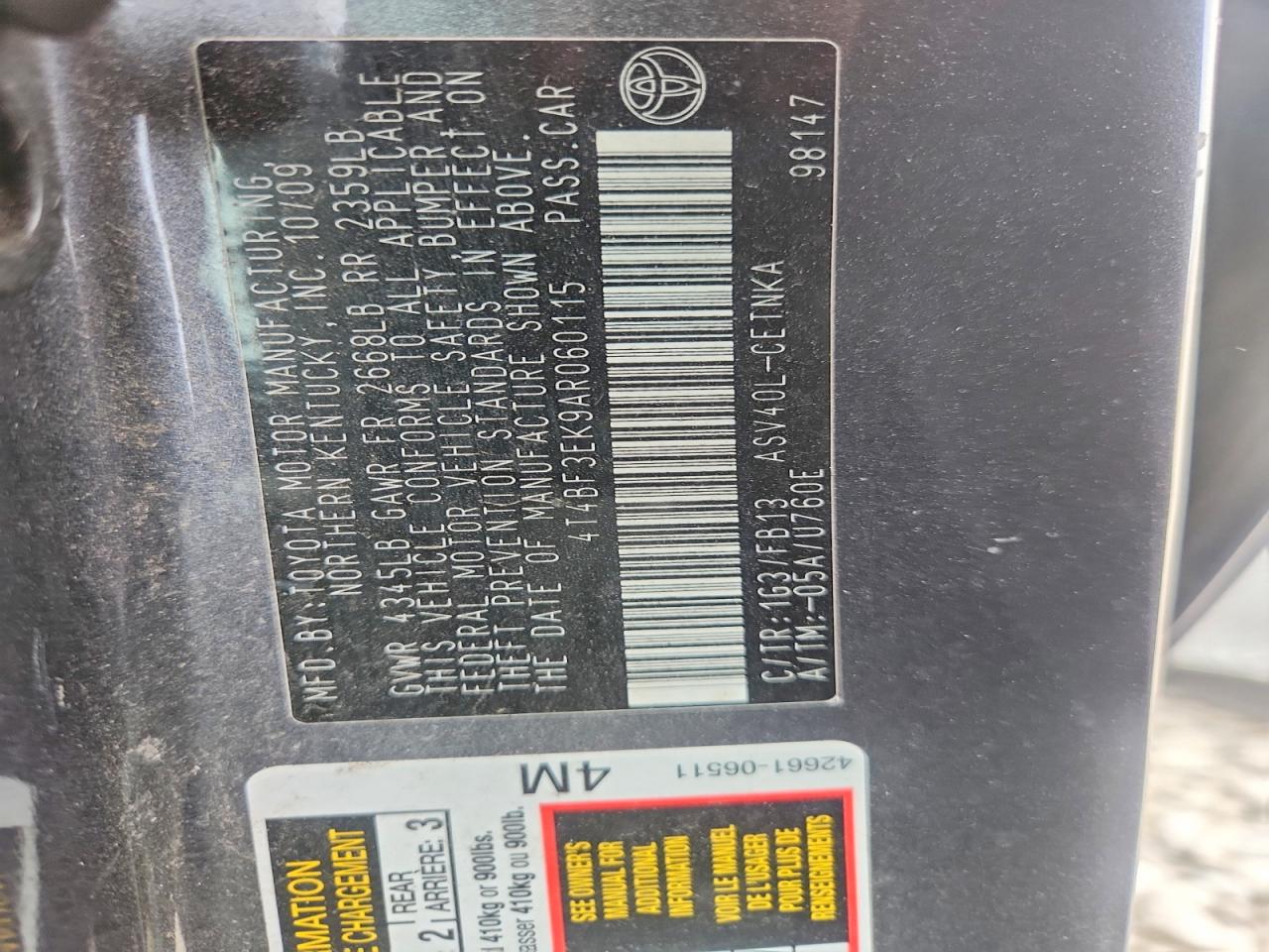 2010 Toyota Camry Le Charcoal vin: 4T4BF3EK9AR060115