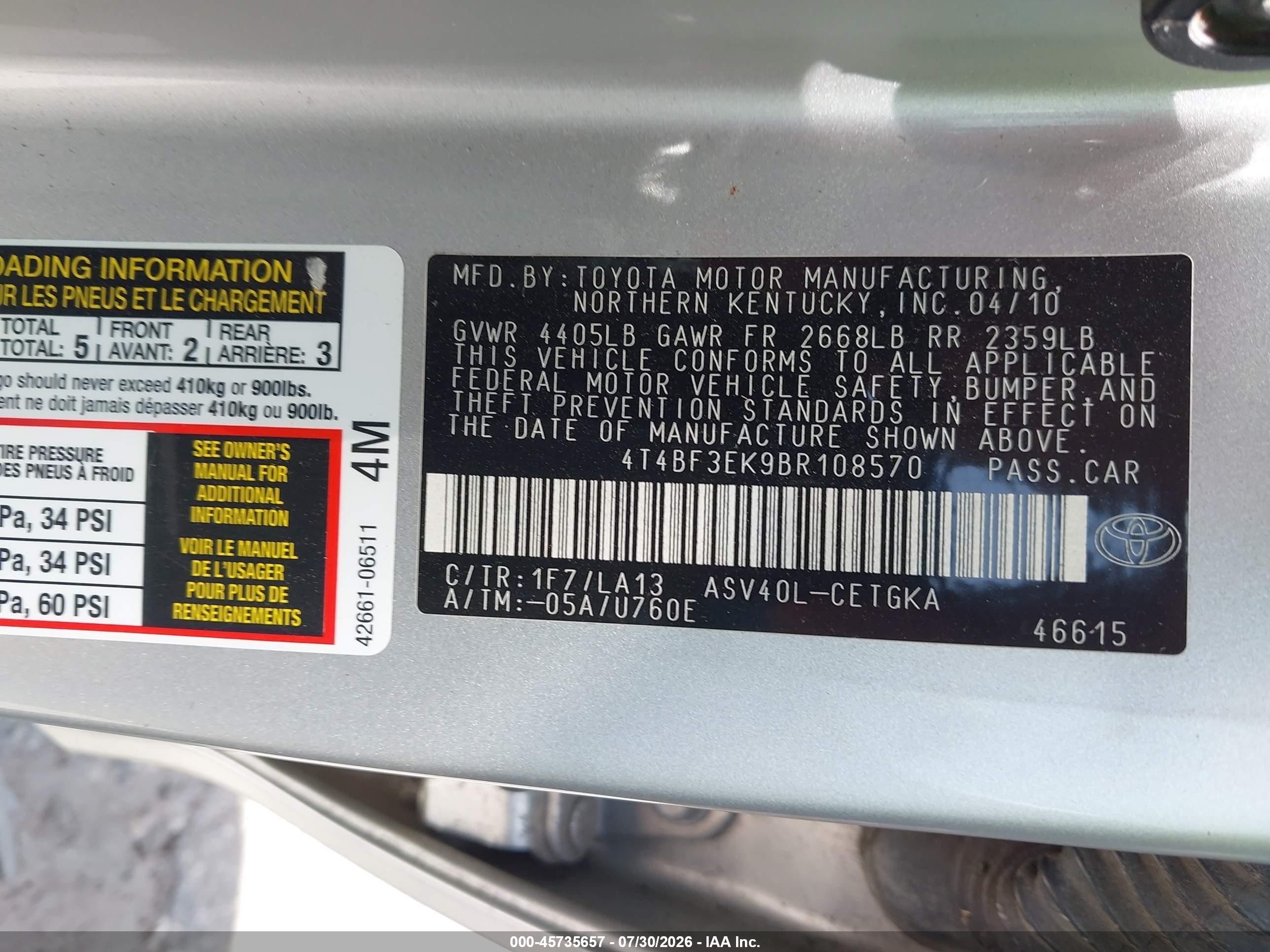 2011 Toyota Camry Xle Silver vin: 4T4BF3EK9BR108570