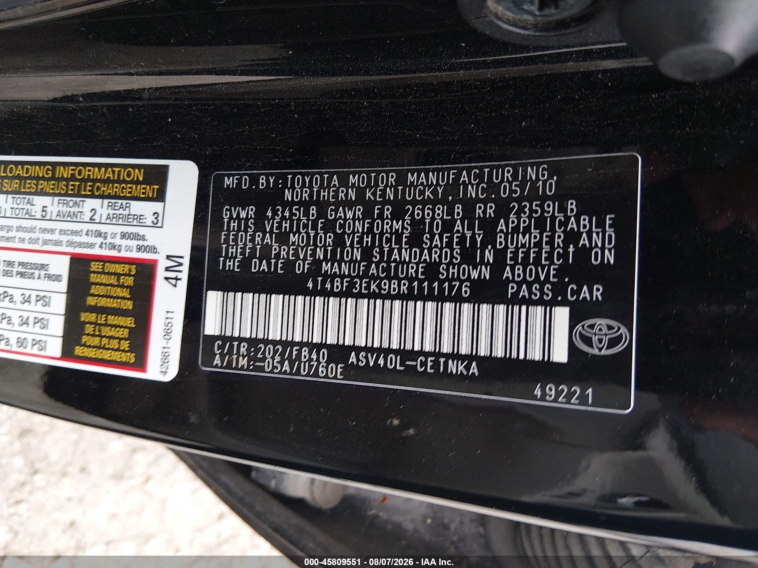 2011 Toyota Camry Le Black vin: 4T4BF3EK9BR111176