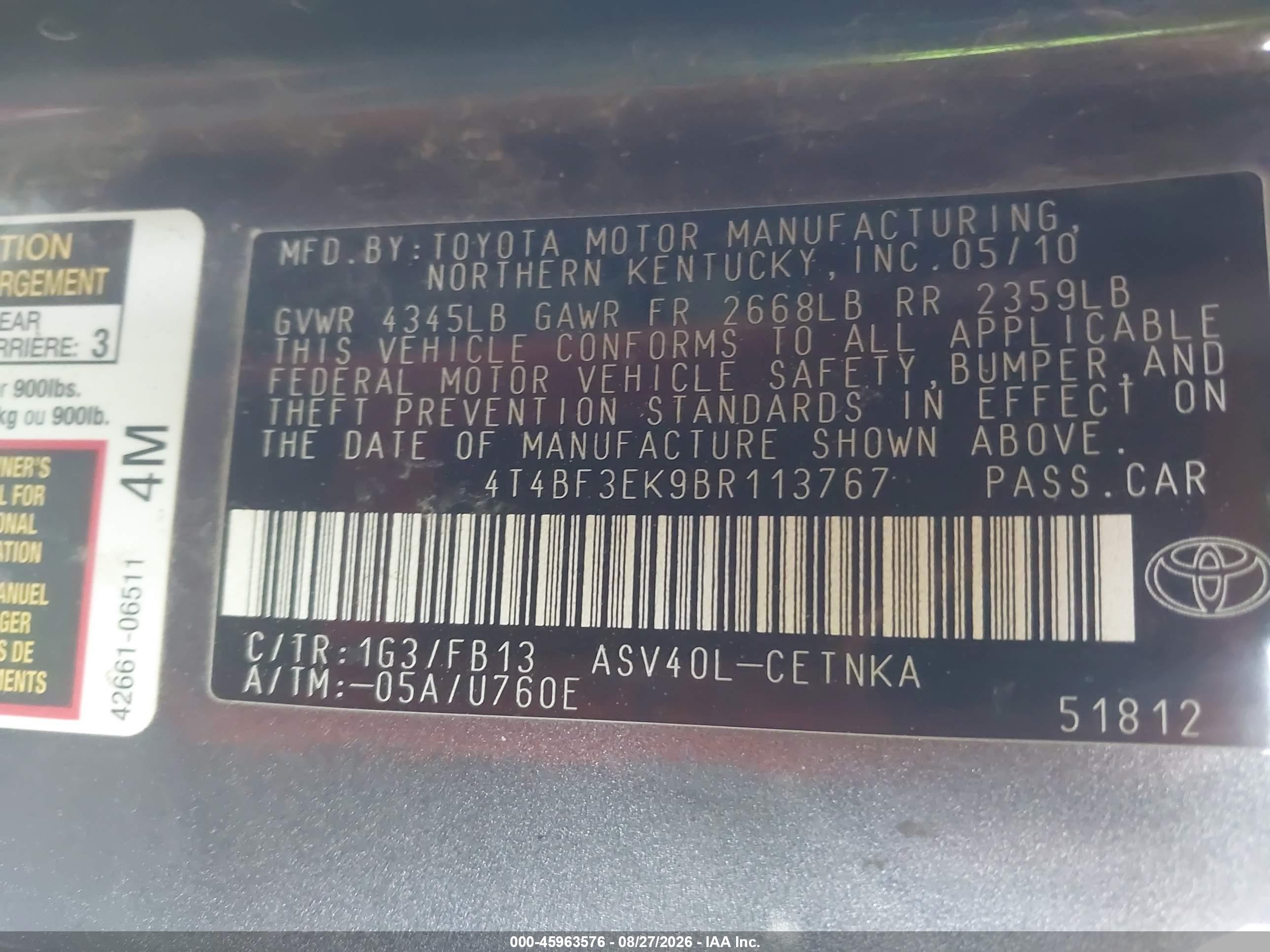 2011 Toyota Camry Le Silver vin: 4T4BF3EK9BR113767