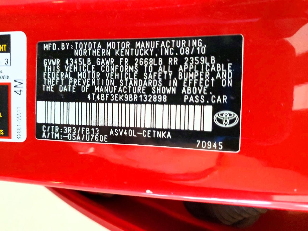 2011 Toyota Camry Le Red vin: 4T4BF3EK9BR132898