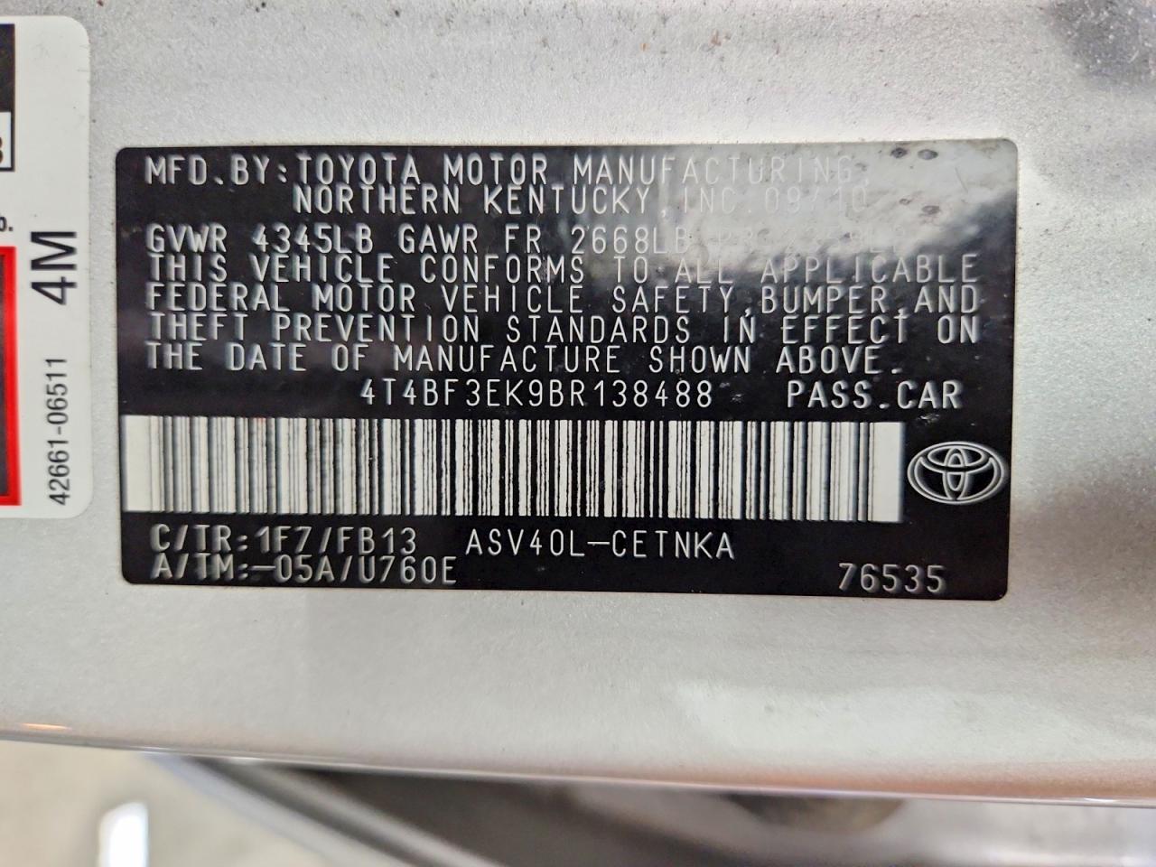 2011 Toyota Camry Le Silver vin: 4T4BF3EK9BR138488