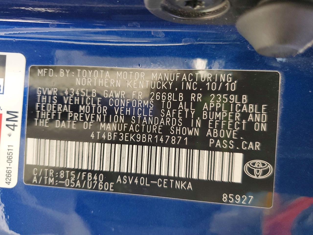 2011 Toyota Camry Base Синий vin: 4T4BF3EK9BR147871