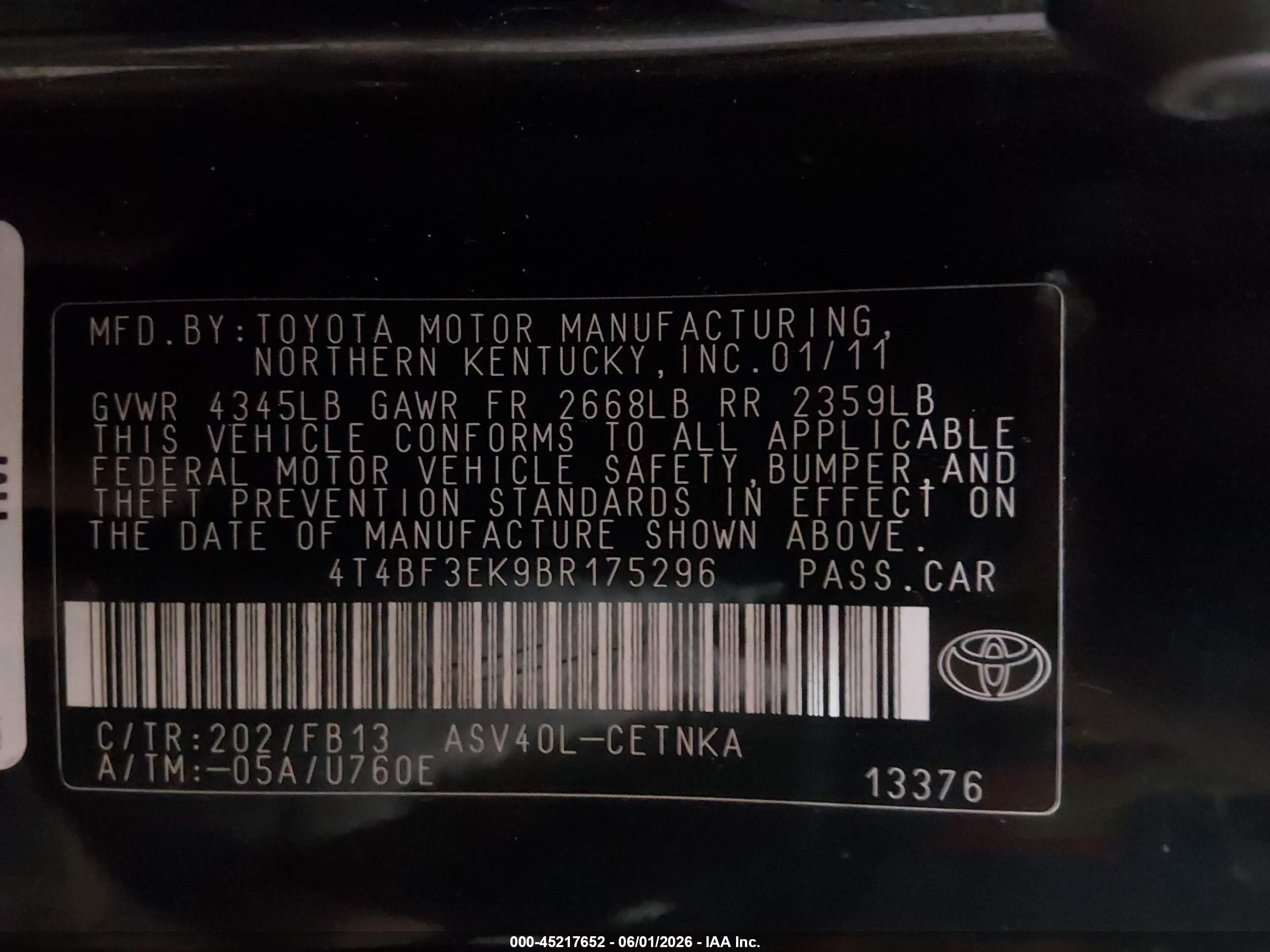 2011 Toyota Camry Le Черный vin: 4T4BF3EK9BR175296