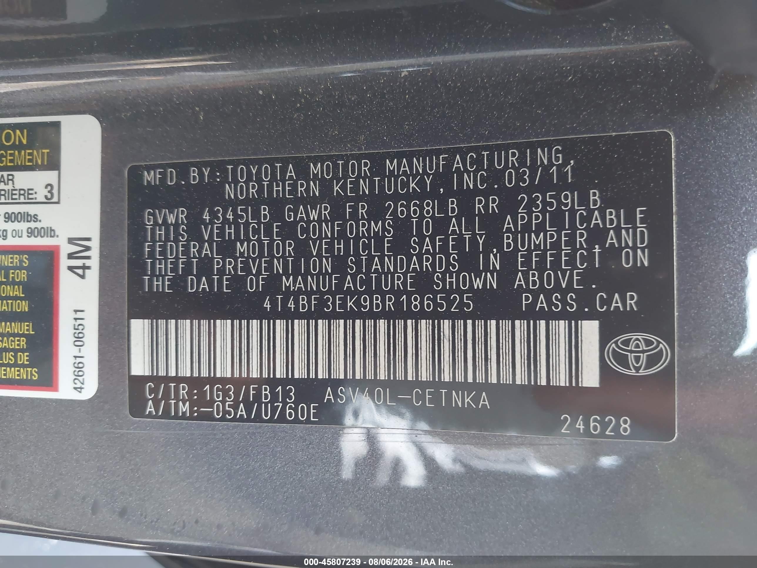 2011 Toyota Camry Le Gray vin: 4T4BF3EK9BR186525
