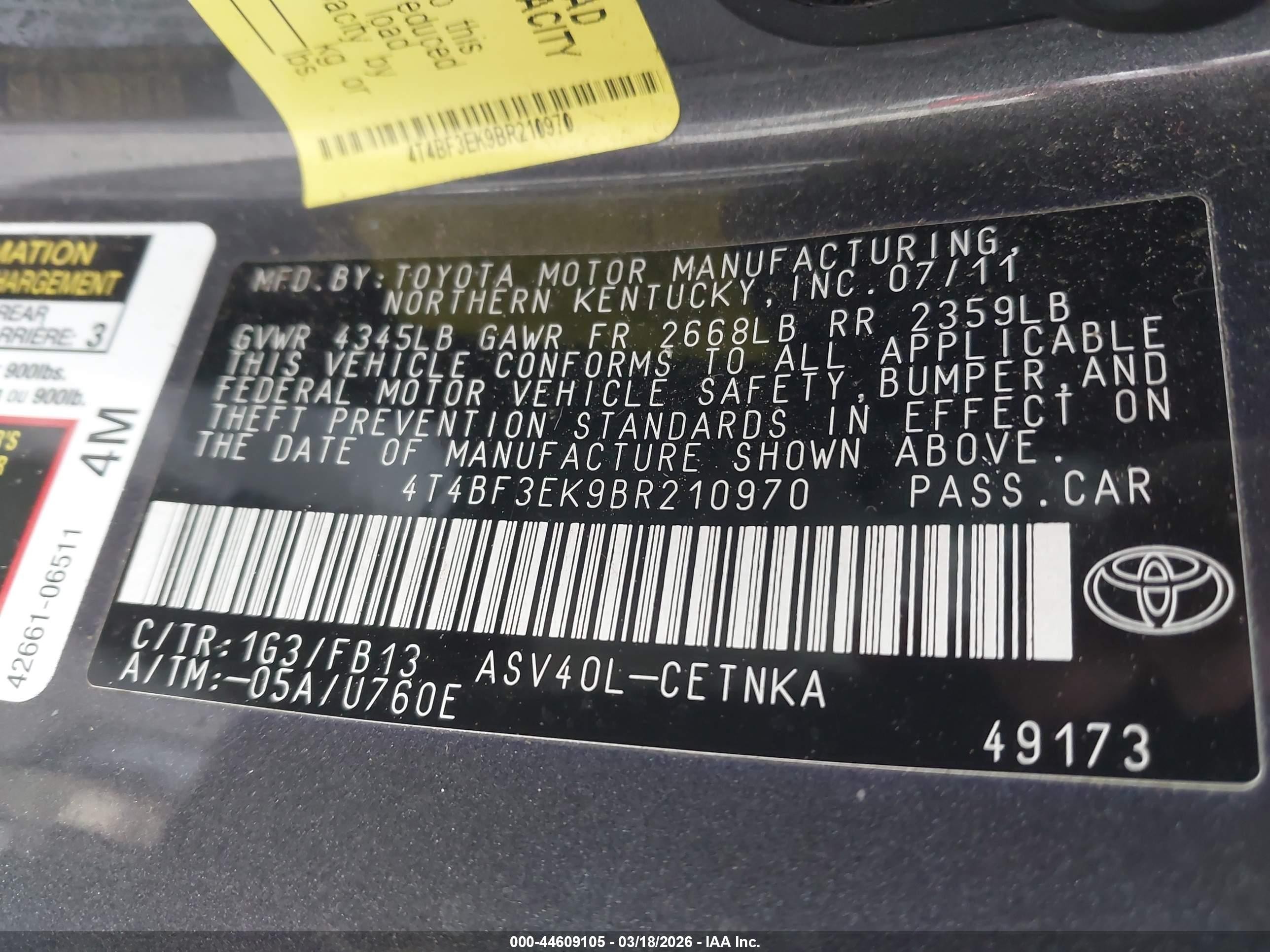 2011 Toyota Camry Le Gray vin: 4T4BF3EK9BR210970