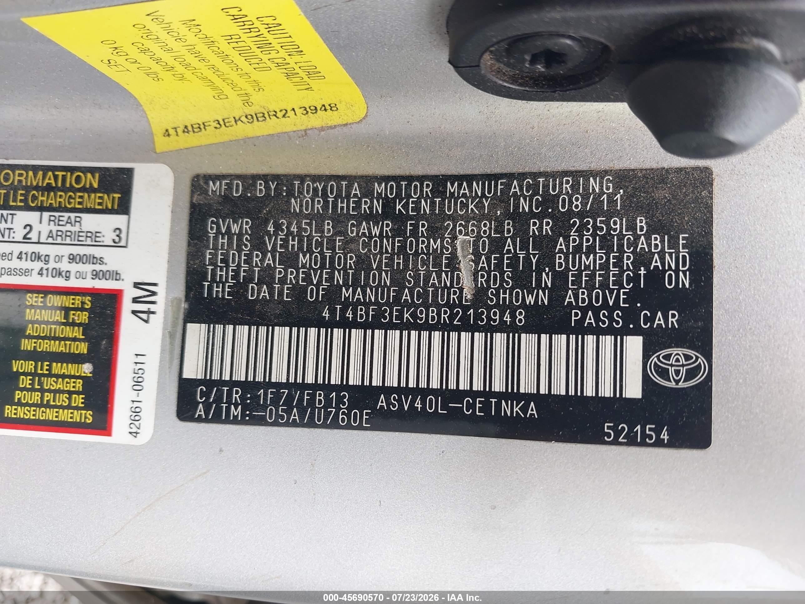 2011 Toyota Camry Le Silver vin: 4T4BF3EK9BR213948