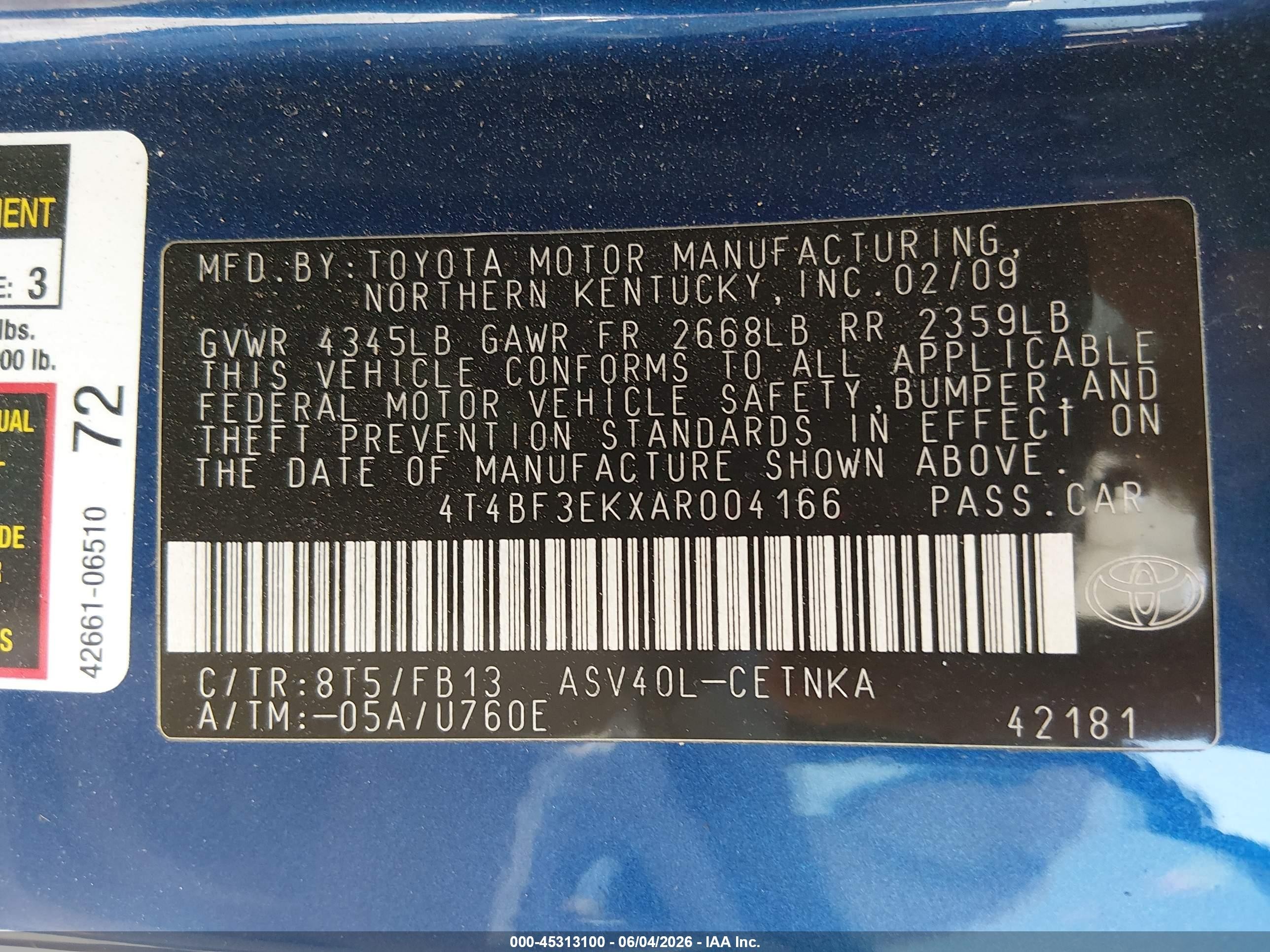 2010 Toyota Camry Le Blue vin: 4T4BF3EKXAR004166