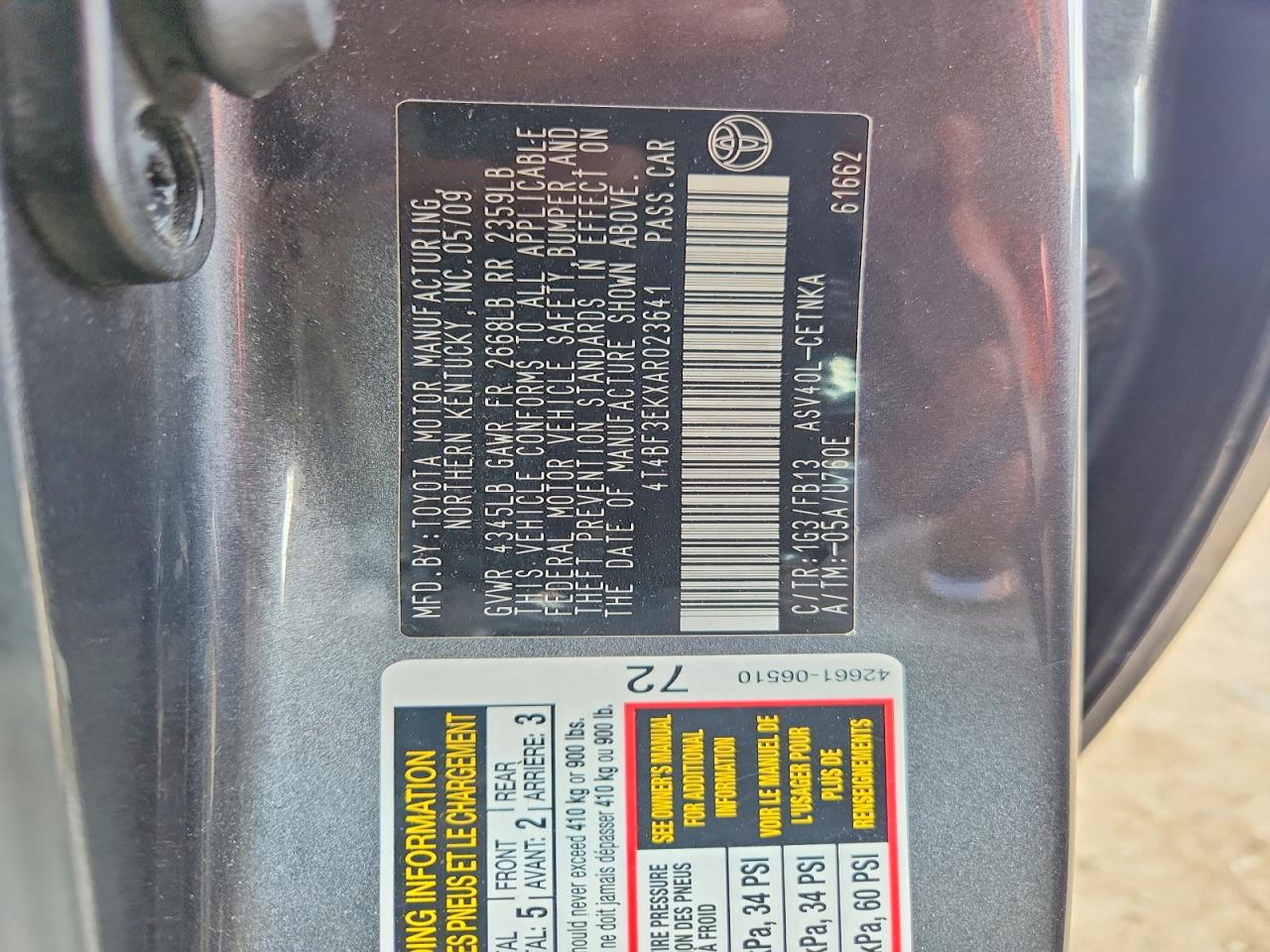 2010 Toyota Camry Le Gray vin: 4T4BF3EKXAR023641