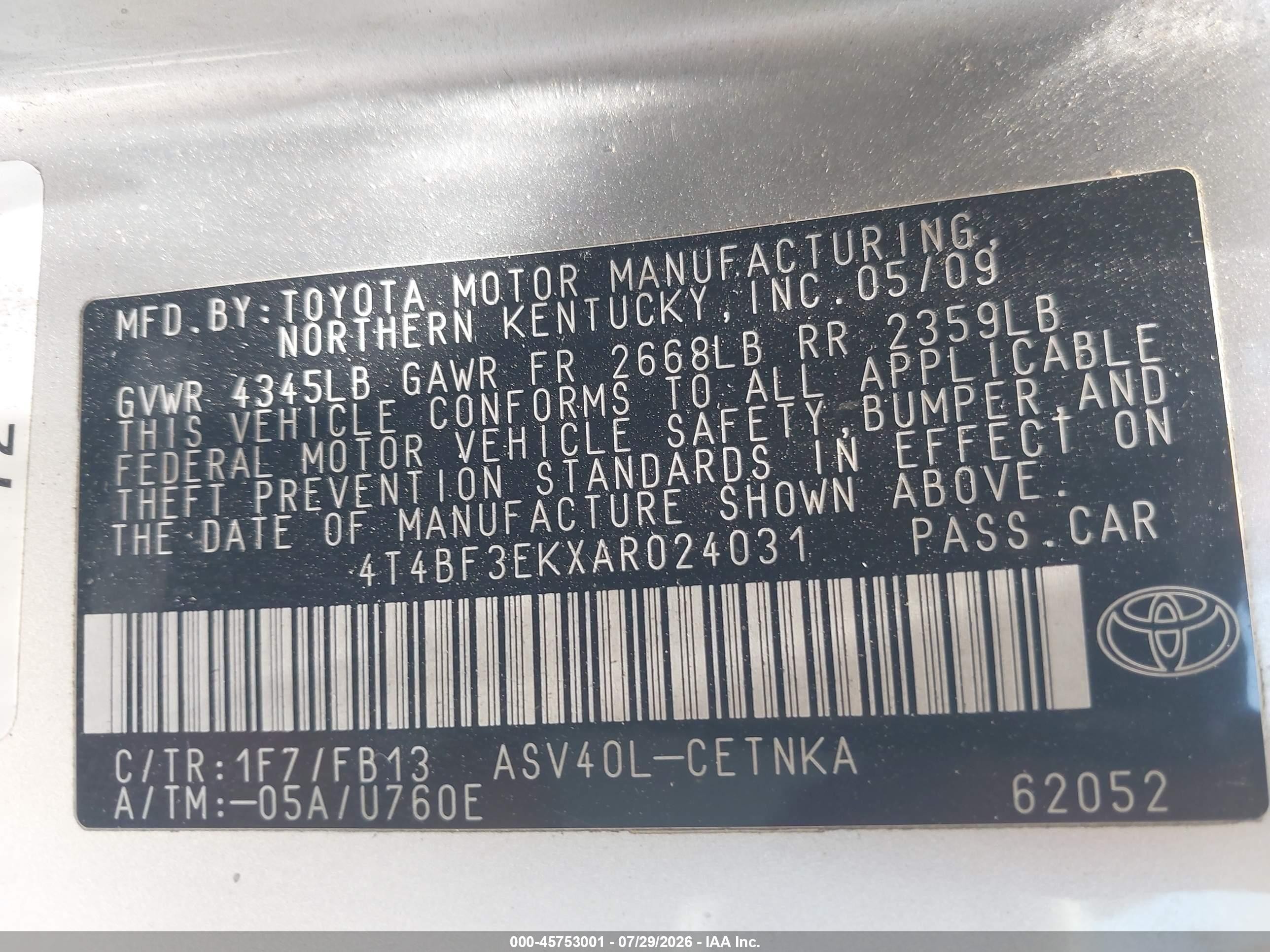2010 Toyota Camry Le Silver vin: 4T4BF3EKXAR024031