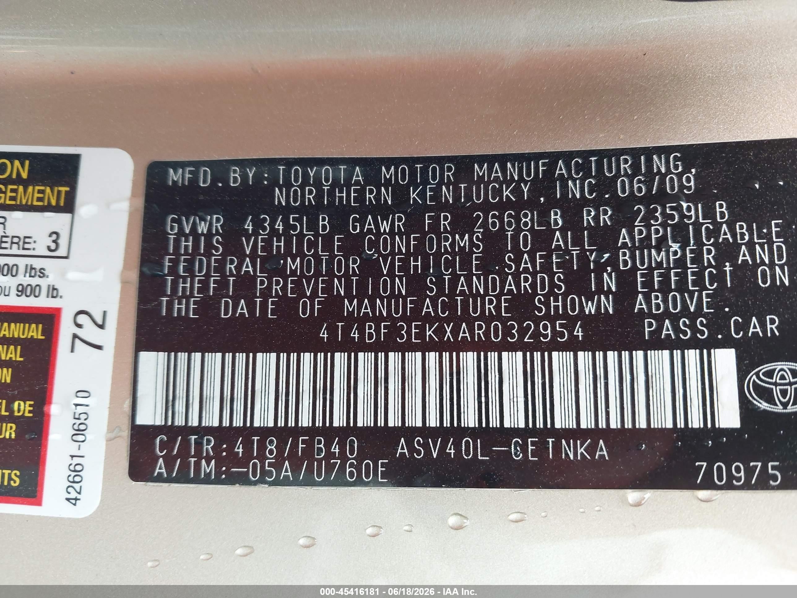 2010 Toyota Camry Le Champagne vin: 4T4BF3EKXAR032954