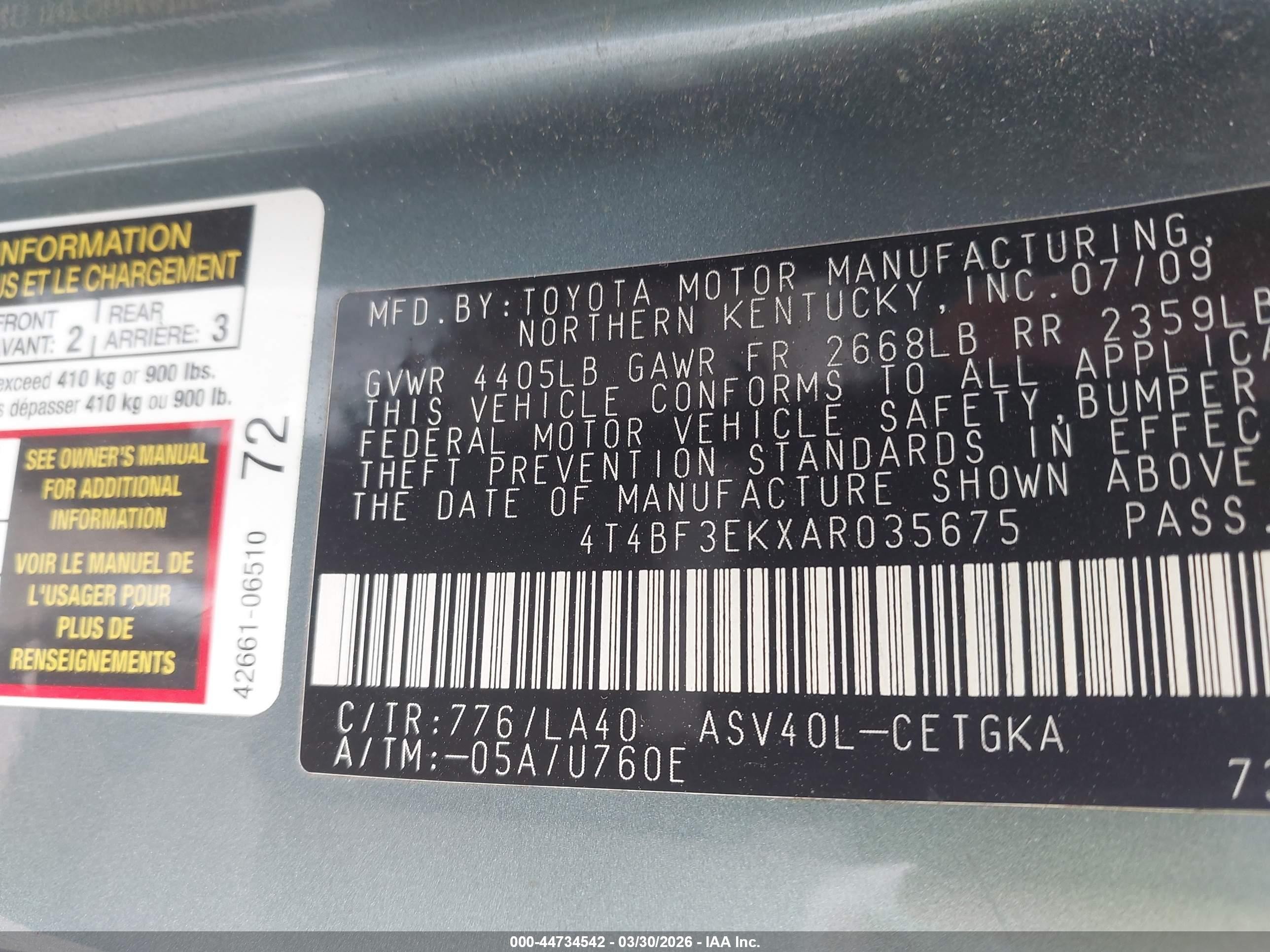 2010 Toyota Camry Xle Blue vin: 4T4BF3EKXAR035675