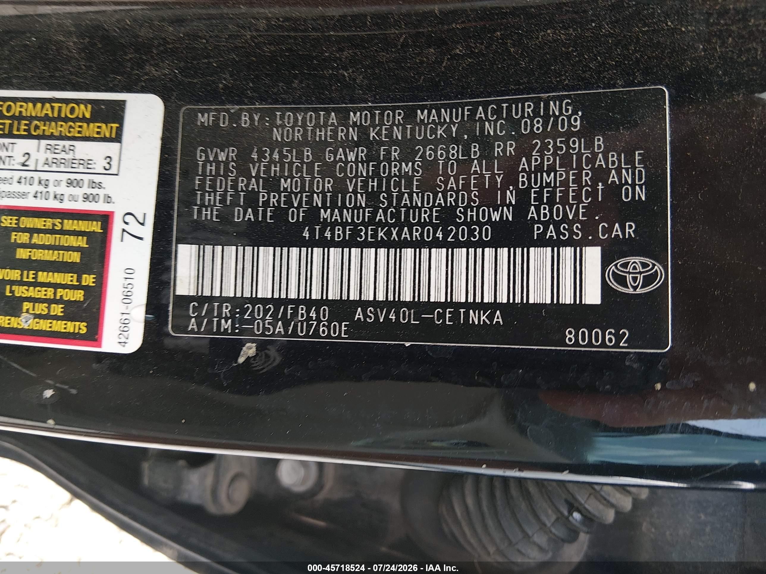2010 Toyota Camry Le Black vin: 4T4BF3EKXAR042030