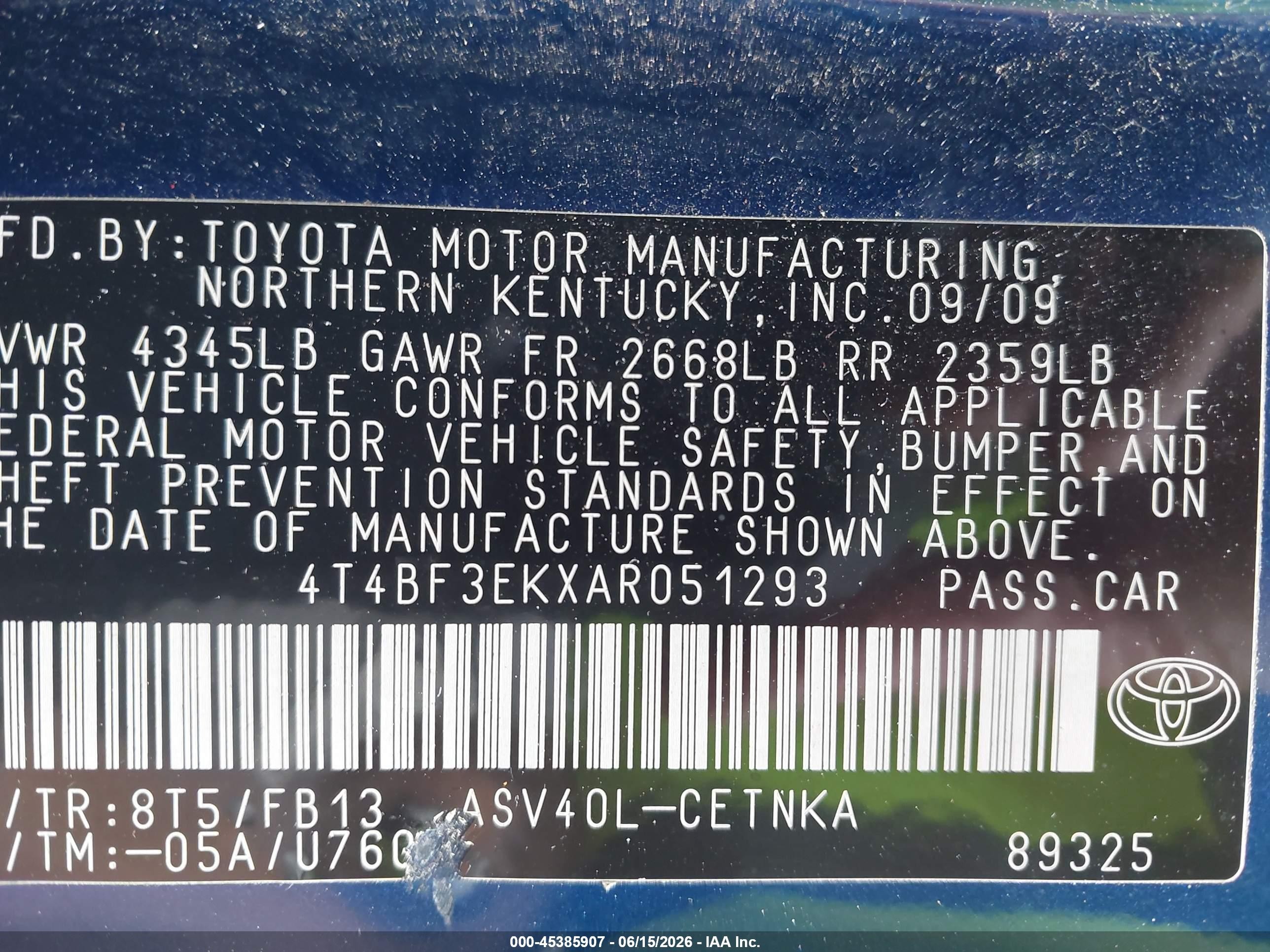 2010 Toyota Camry Le Dark Blue vin: 4T4BF3EKXAR051293