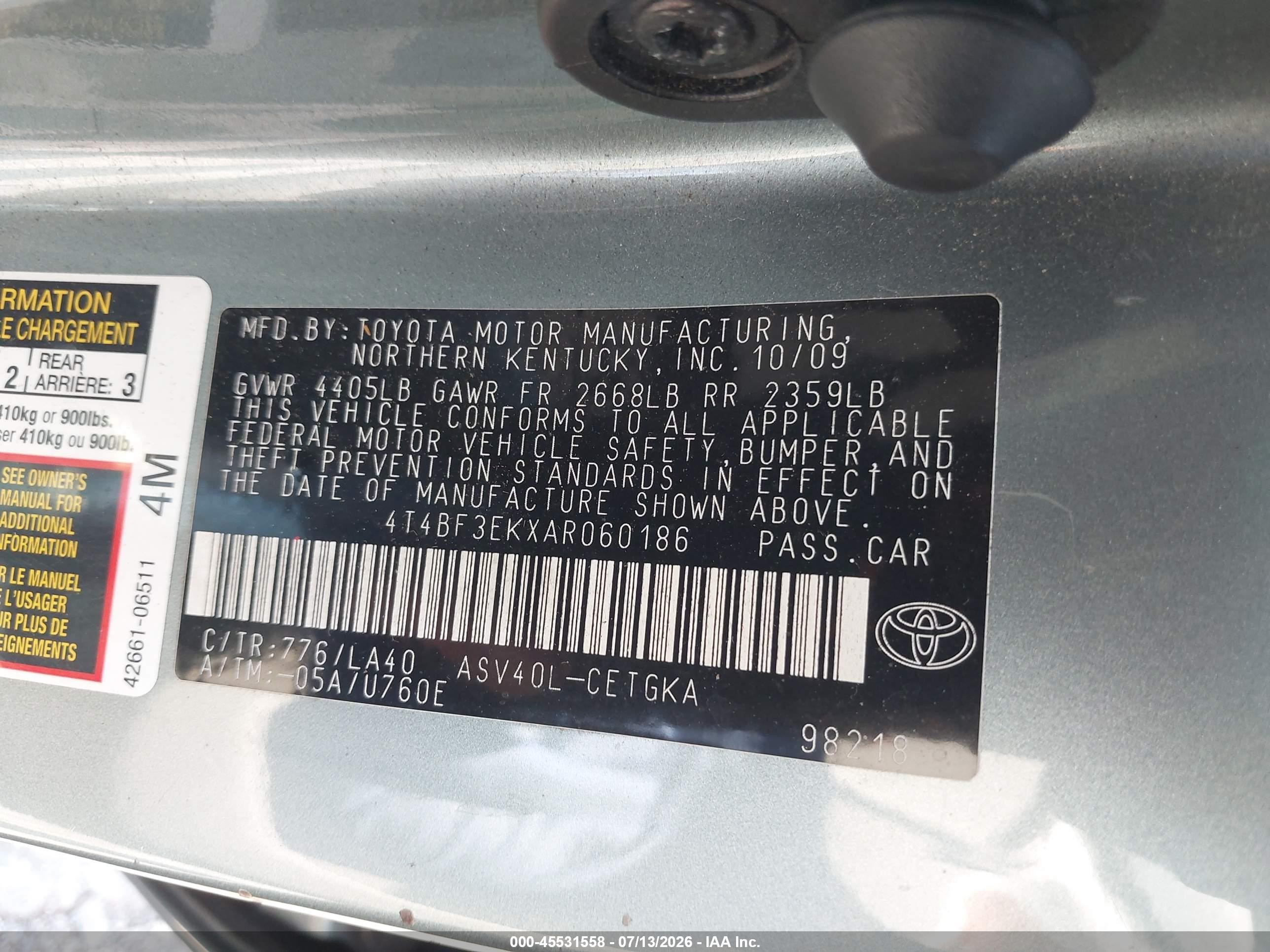 2010 Toyota Camry Xle Teal vin: 4T4BF3EKXAR060186