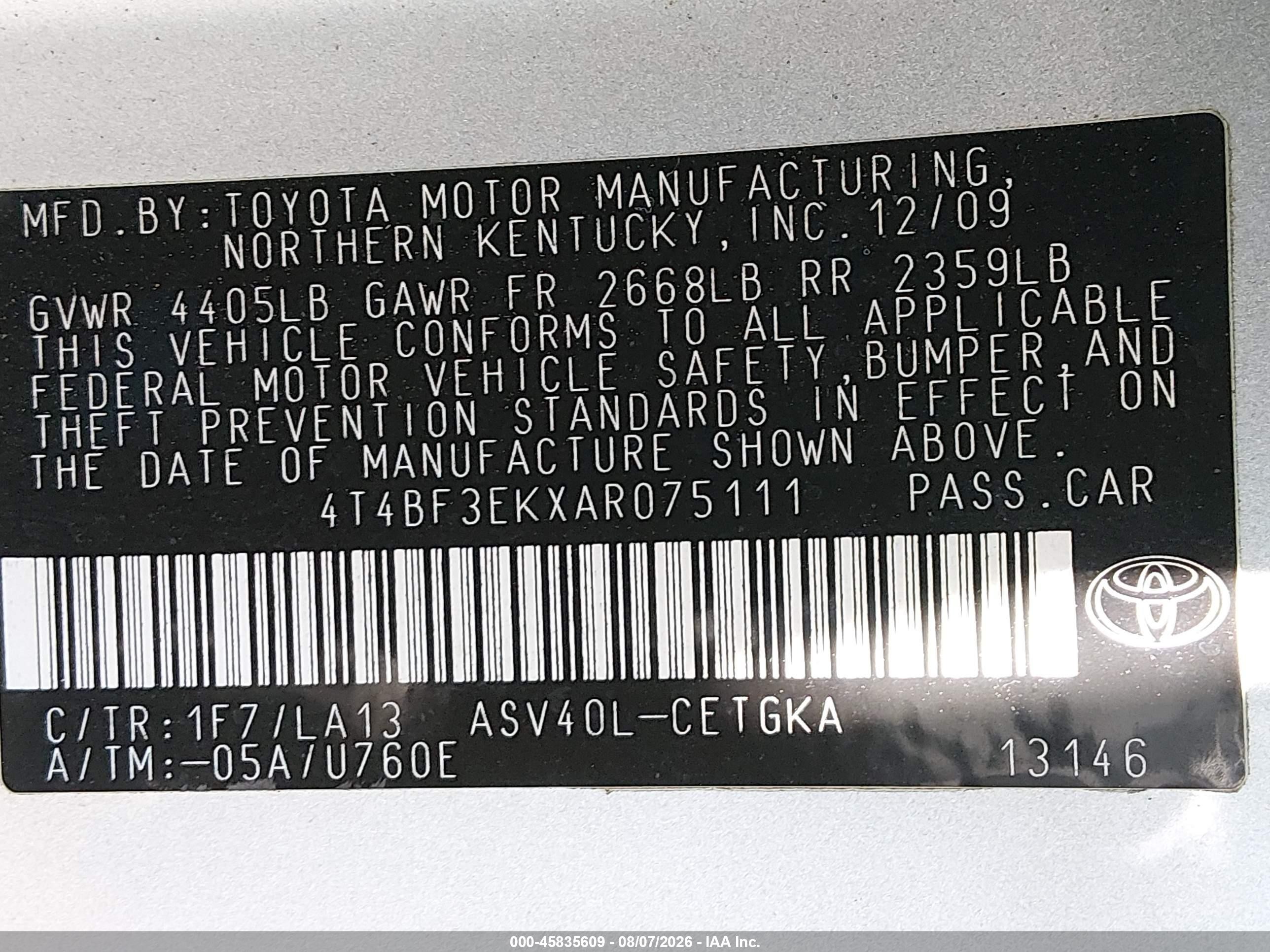 2010 Toyota Camry Xle Silver vin: 4T4BF3EKXAR075111