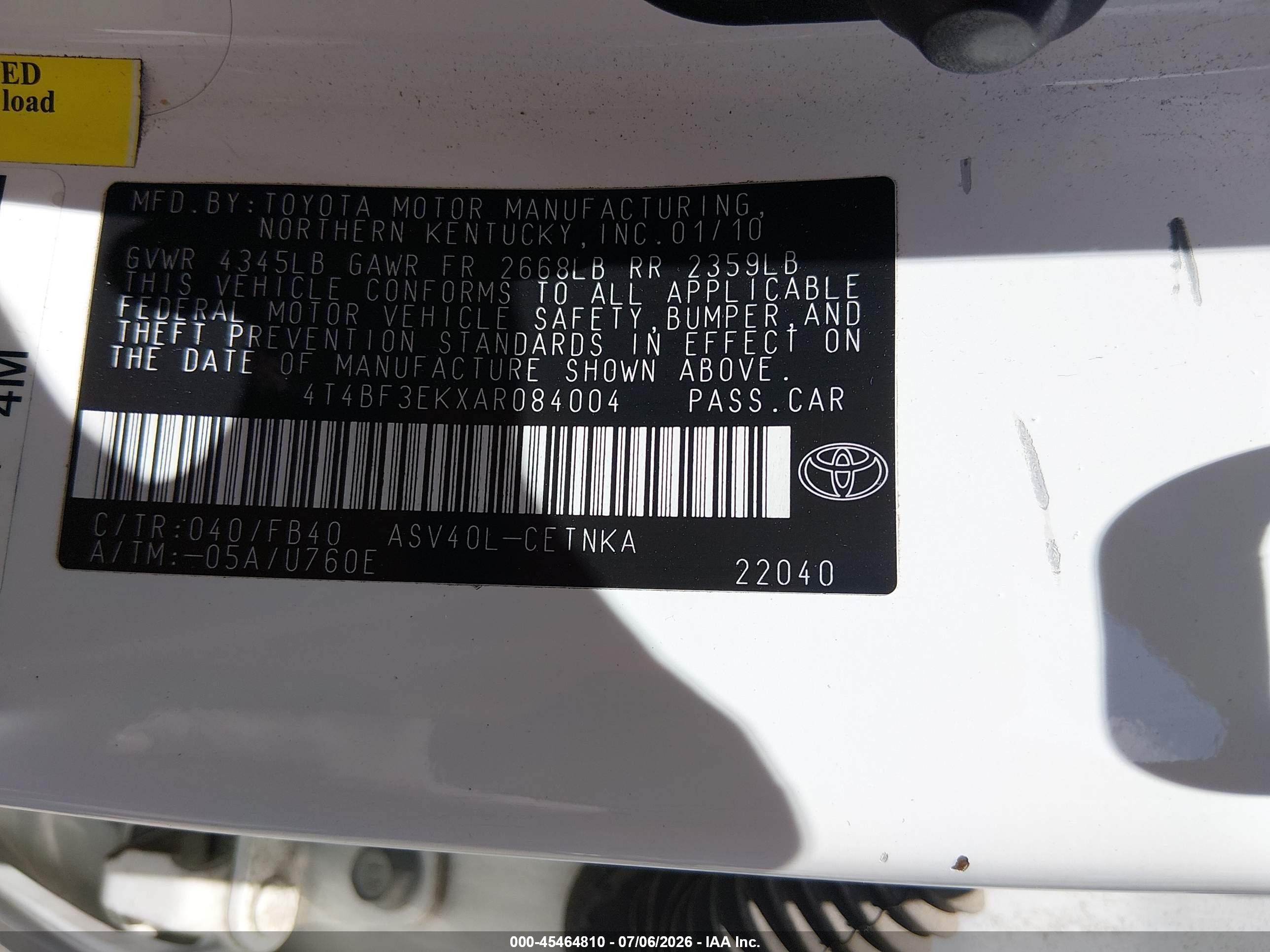 2010 Toyota Camry Le White vin: 4T4BF3EKXAR084004