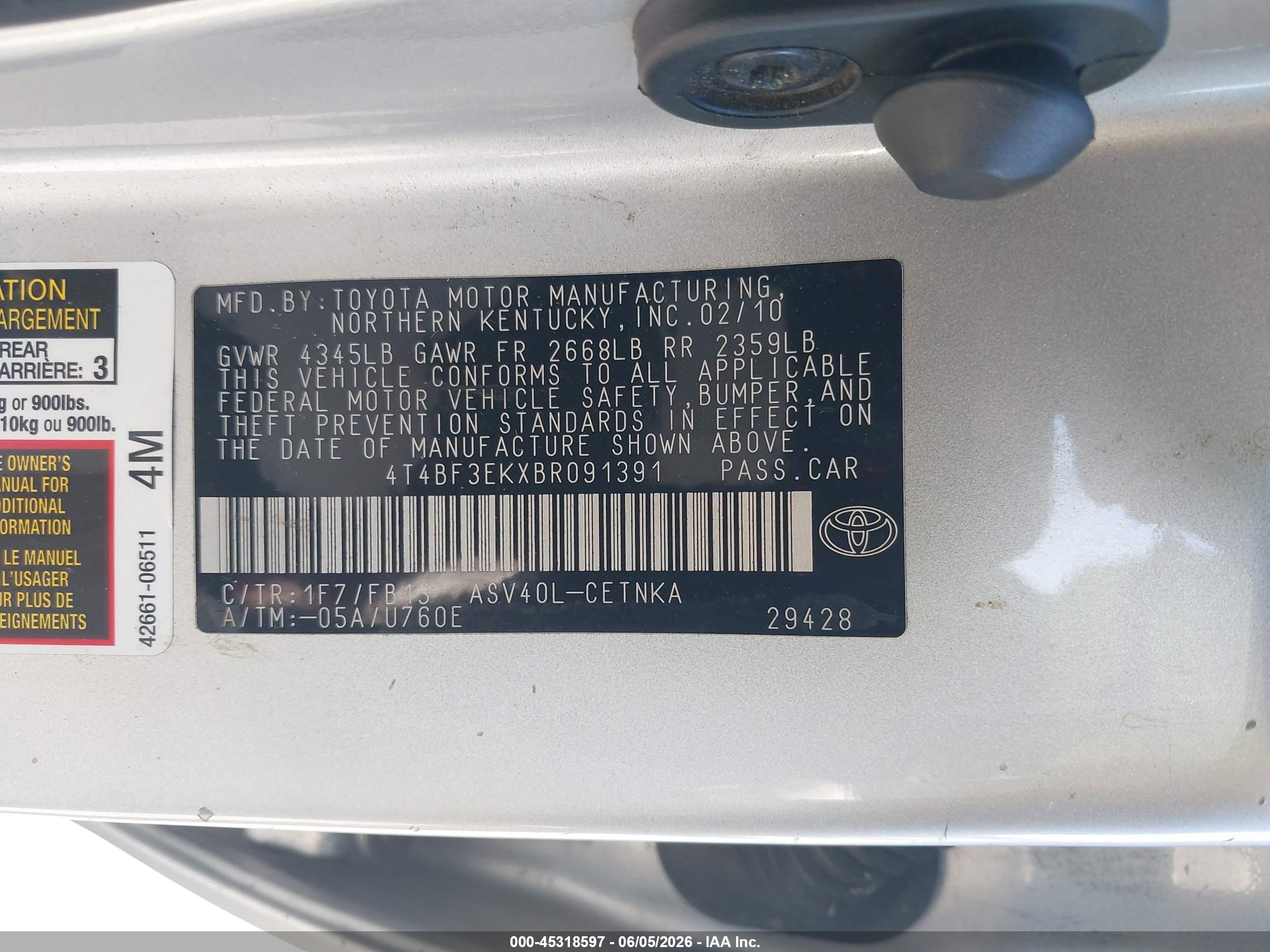2011 Toyota Camry Le Gray vin: 4T4BF3EKXBR091391