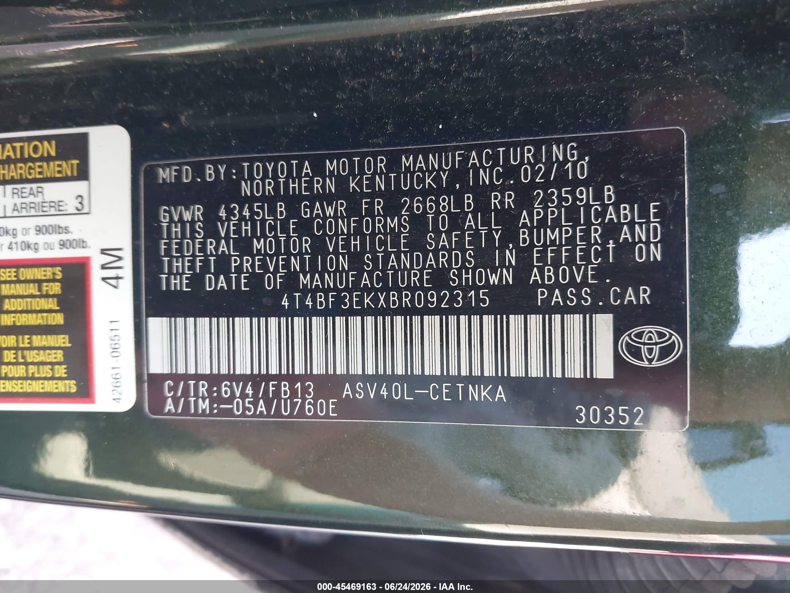 2011 Toyota Camry Le Green vin: 4T4BF3EKXBR092315
