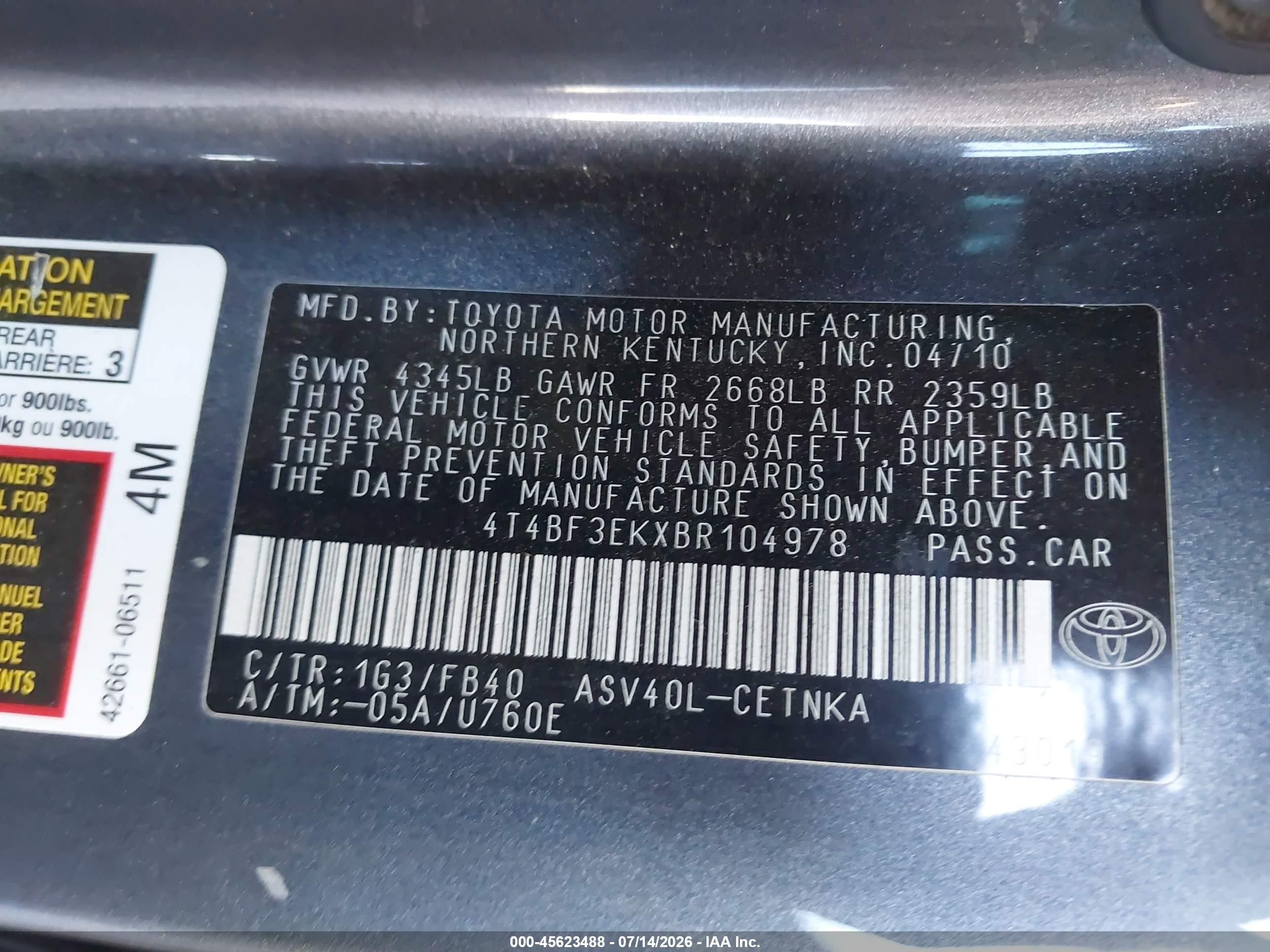 2011 Toyota Camry Le Gray vin: 4T4BF3EKXBR104978
